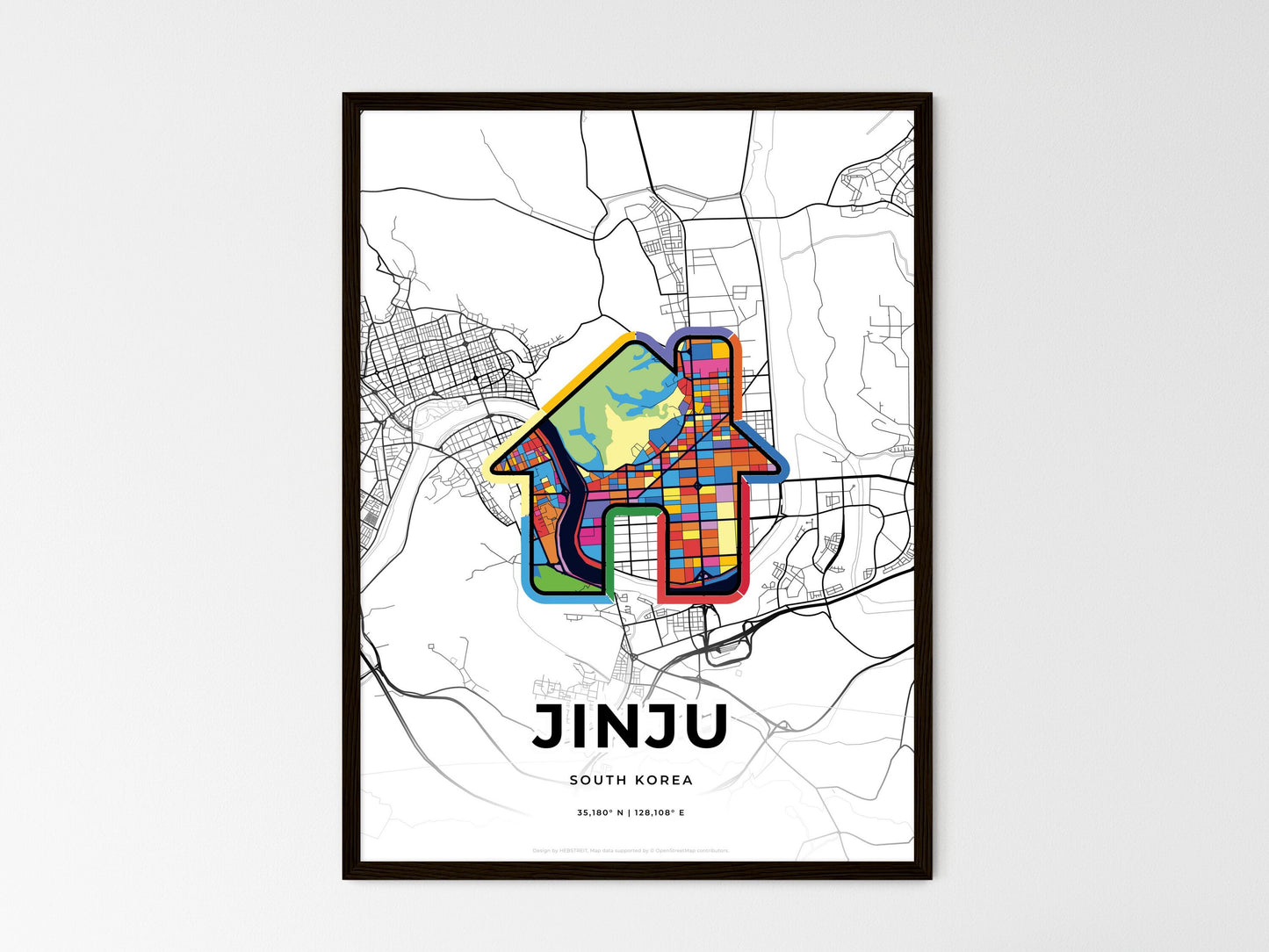 JINJU SOUTH KOREA minimal art map with a colorful icon. Where it all began, Couple map gift. Style 3