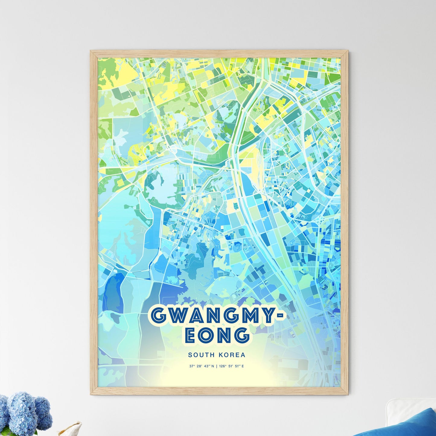 Colorful GWANGMYEONG SOUTH KOREA Fine Art Map Cool Blue