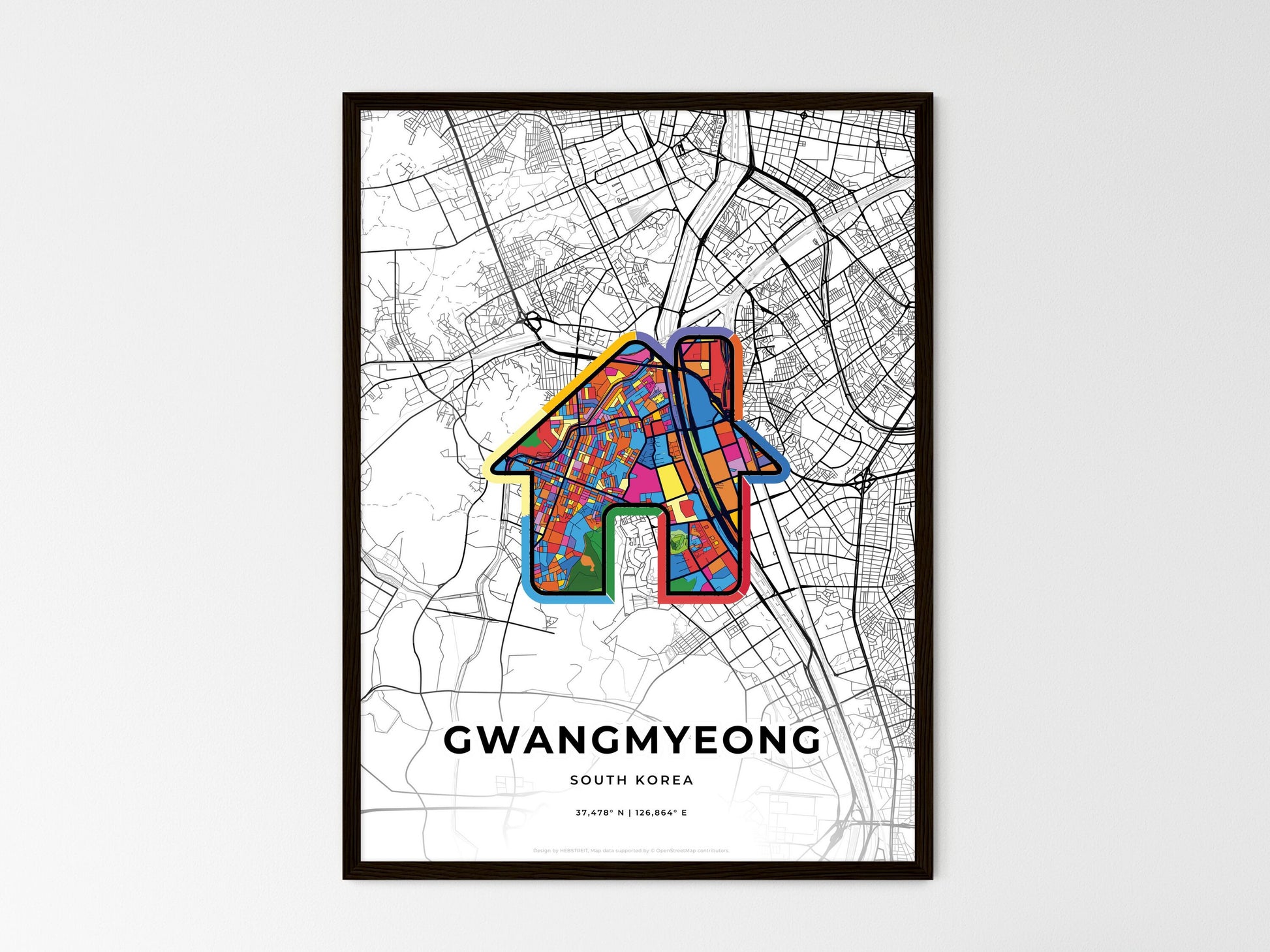 GWANGMYEONG SOUTH KOREA minimal art map with a colorful icon. Where it all began, Couple map gift. Style 3