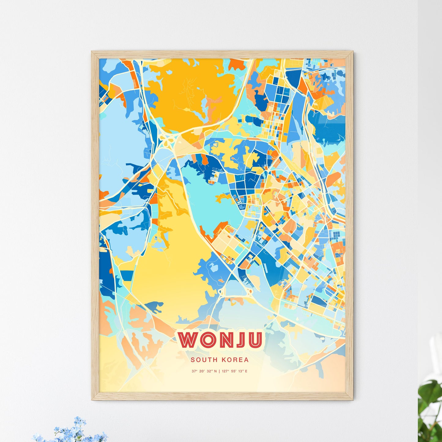 Colorful WONJU SOUTH KOREA Fine Art Map Blue Orange