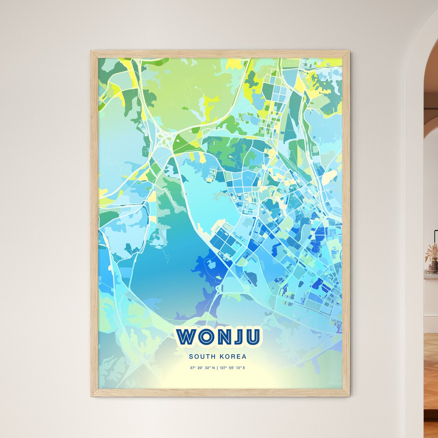 Colorful WONJU SOUTH KOREA Fine Art Map Cool Blue