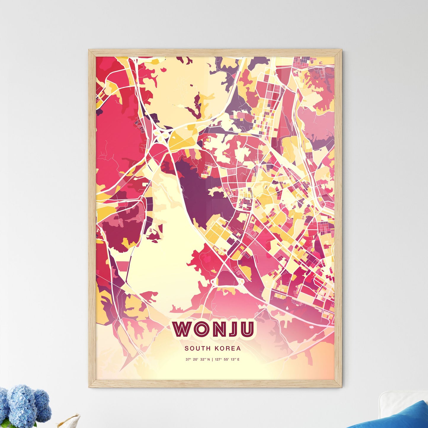 Colorful WONJU SOUTH KOREA Fine Art Map Hot Red