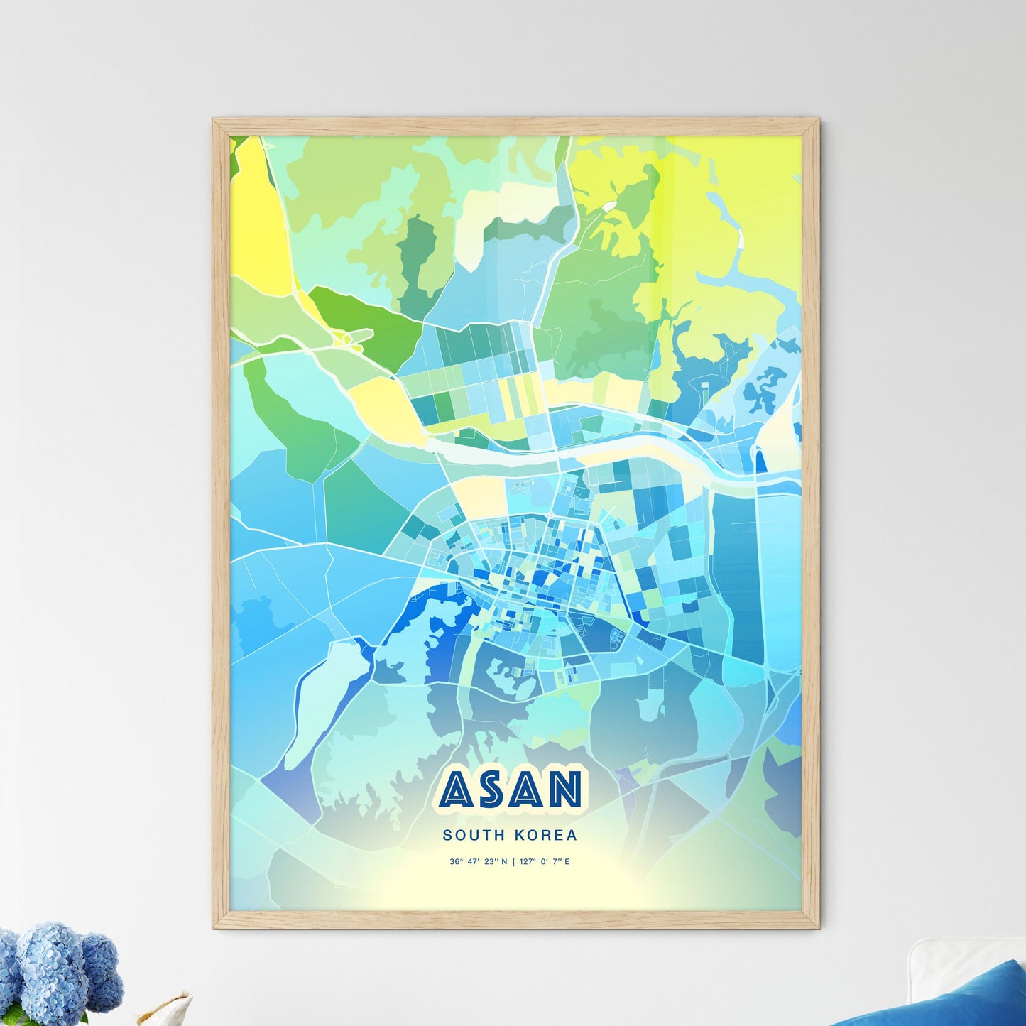 Colorful ASAN SOUTH KOREA Fine Art Map Cool Blue