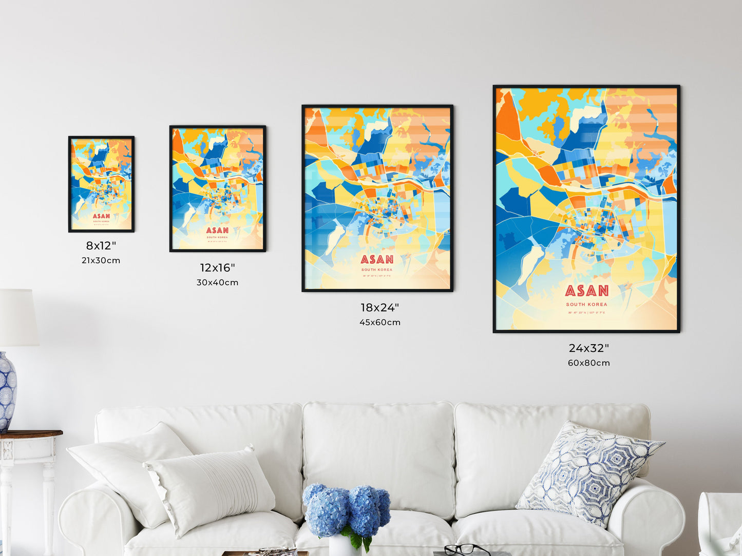 Colorful ASAN SOUTH KOREA Fine Art Map Blue Orange