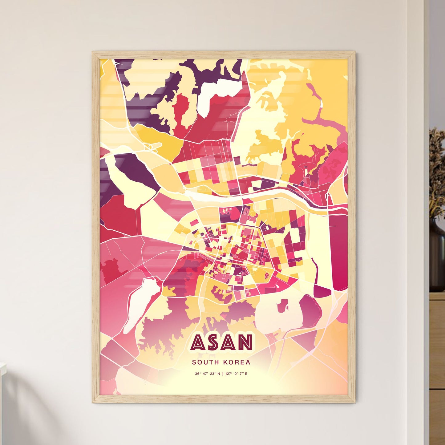 Colorful ASAN SOUTH KOREA Fine Art Map Hot Red