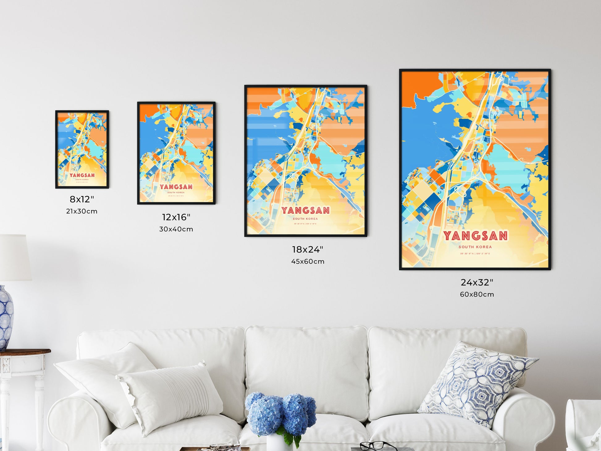 Colorful YANGSAN SOUTH KOREA Fine Art Map Blue Orange