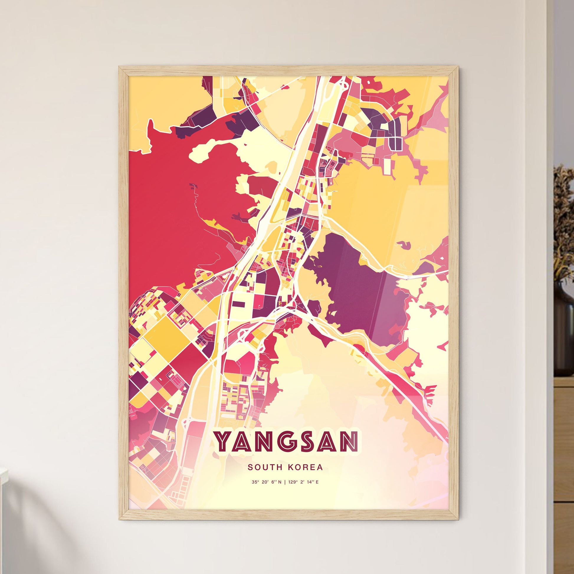 Colorful YANGSAN SOUTH KOREA Fine Art Map Hot Red