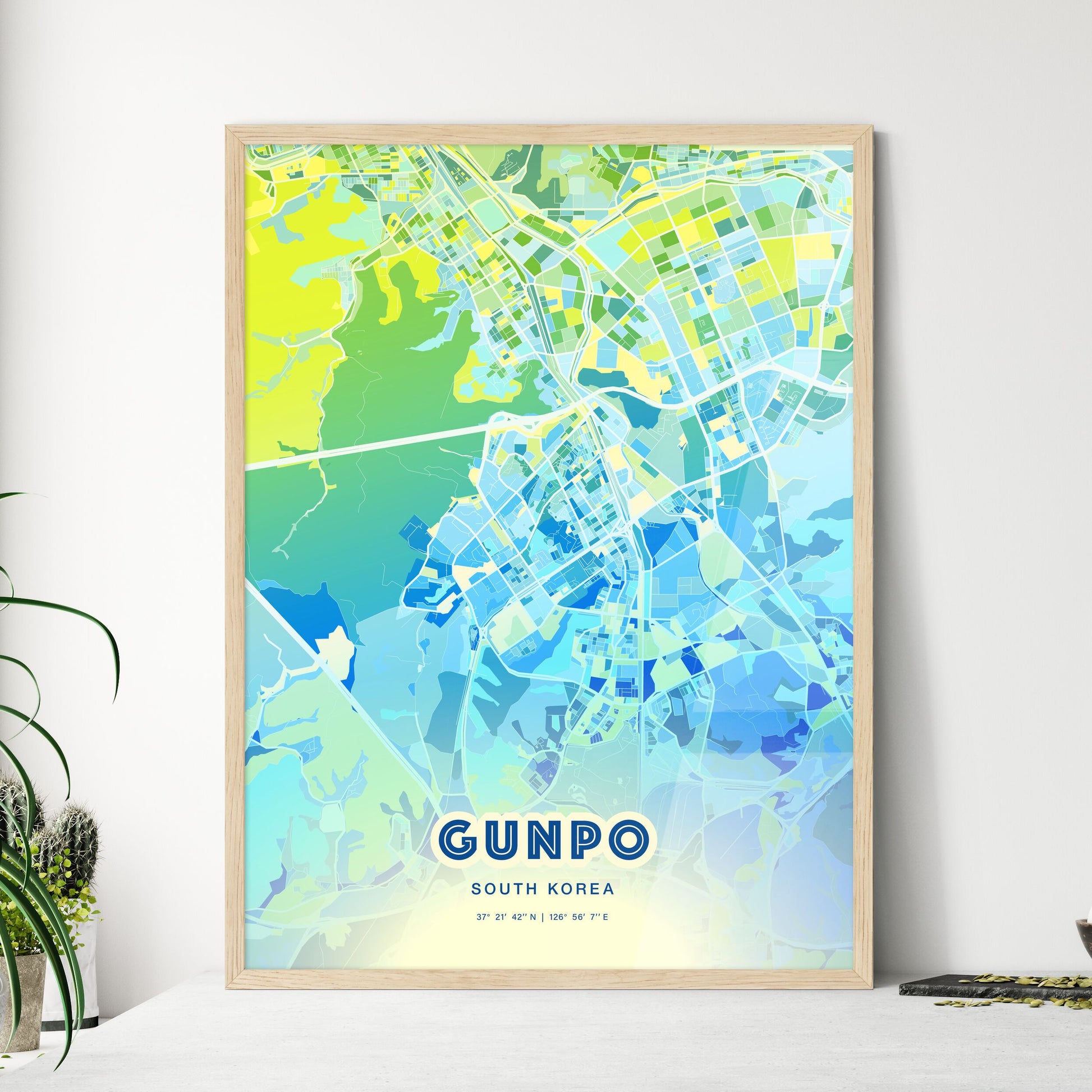 Colorful GUNPO SOUTH KOREA Fine Art Map Cool Blue