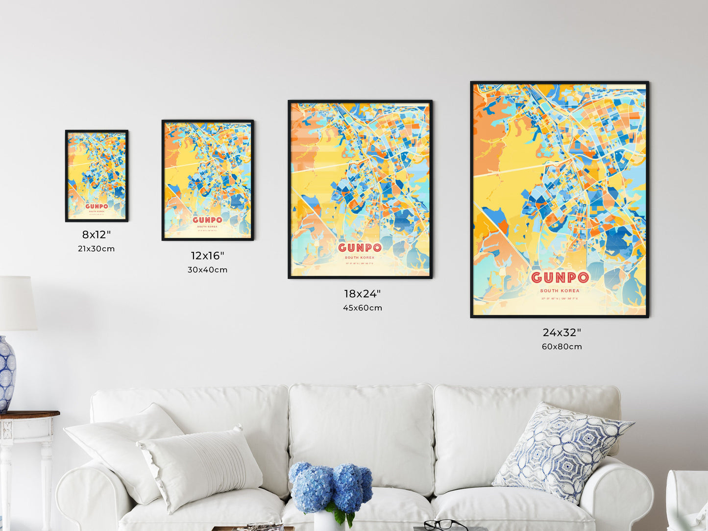 Colorful GUNPO SOUTH KOREA Fine Art Map Blue Orange