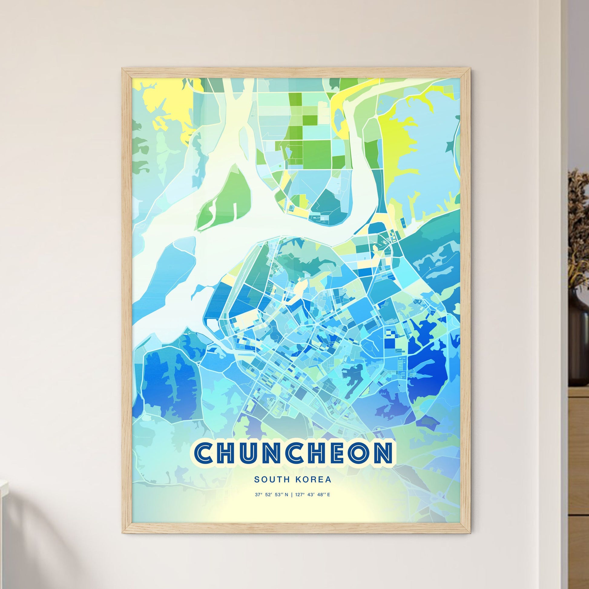 Colorful CHUNCHEON SOUTH KOREA Fine Art Map Cool Blue