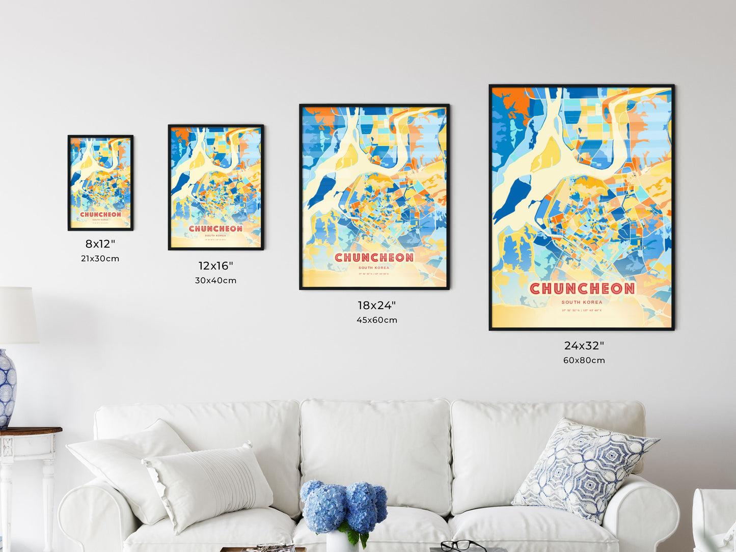 Colorful CHUNCHEON SOUTH KOREA Fine Art Map Blue Orange