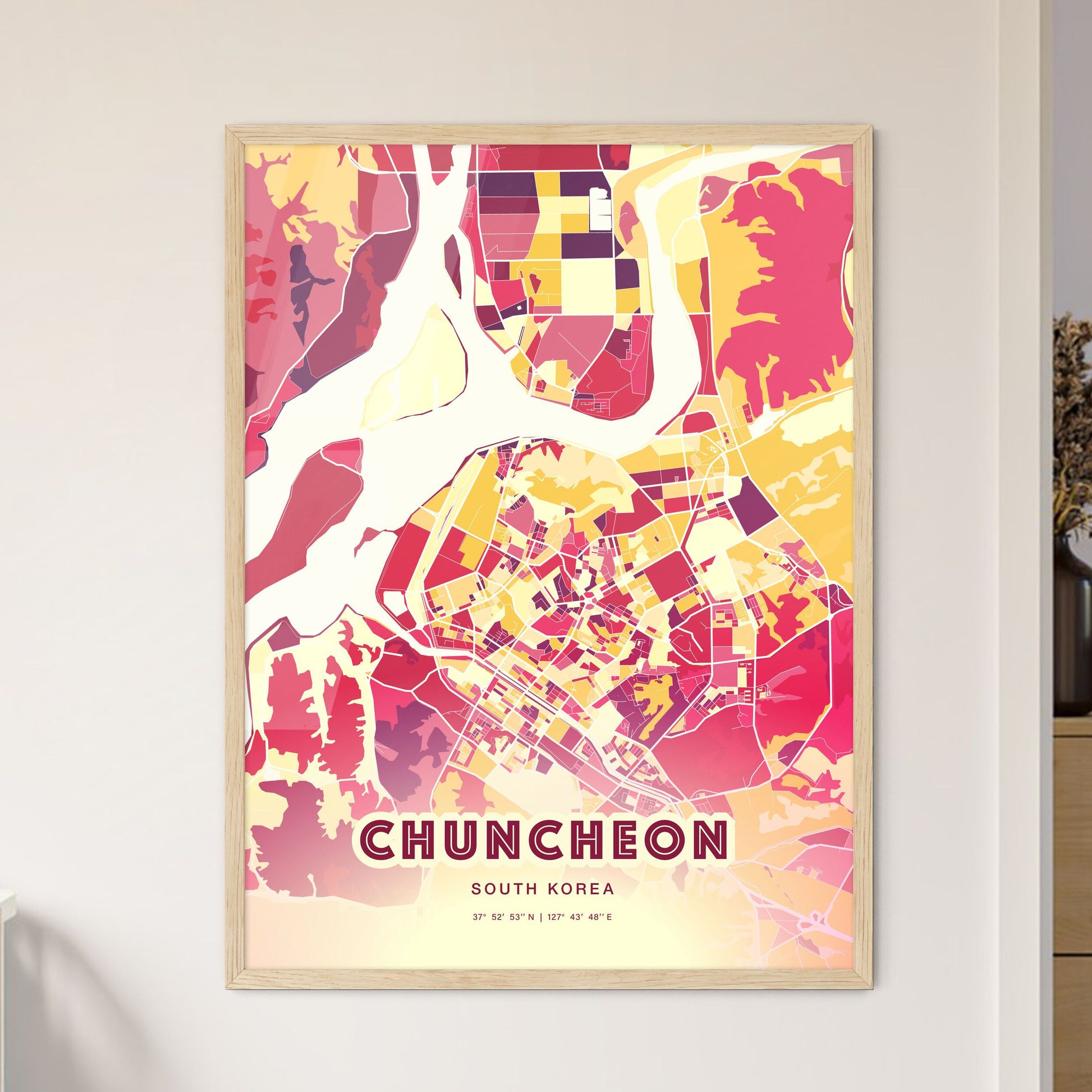 Colorful CHUNCHEON SOUTH KOREA Fine Art Map Hot Red