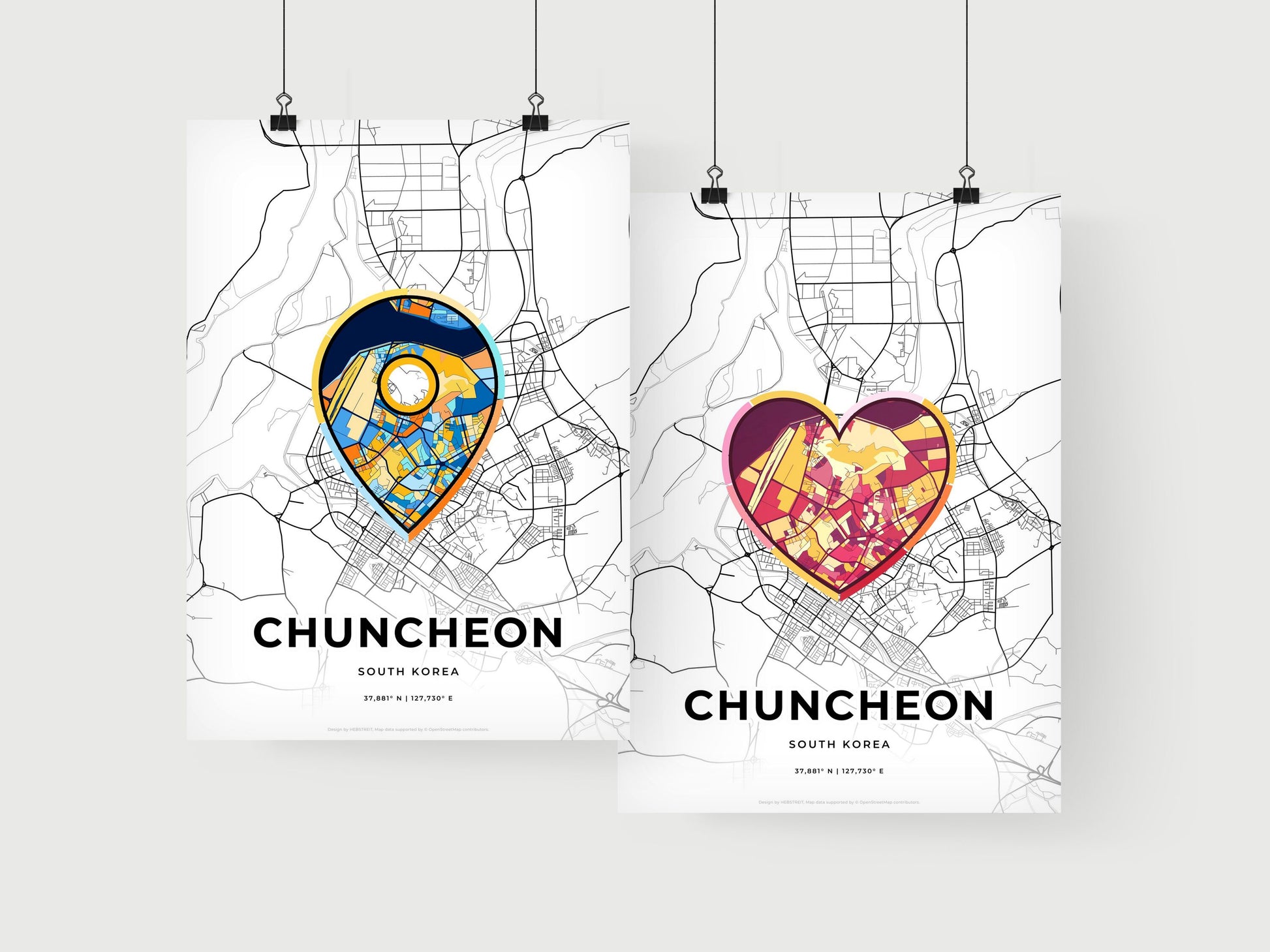 CHUNCHEON SOUTH KOREA minimal art map with a colorful icon. Where it all began, Couple map gift.