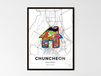 CHUNCHEON SOUTH KOREA minimal art map with a colorful icon. Where it all began, Couple map gift. Style 3