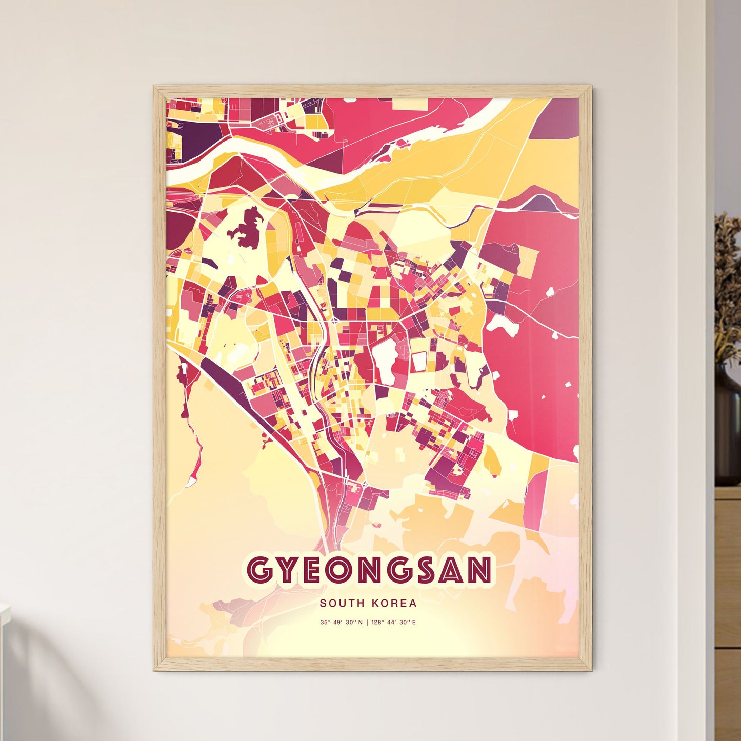 Colorful GYEONGSAN SOUTH KOREA Fine Art Map Hot Red