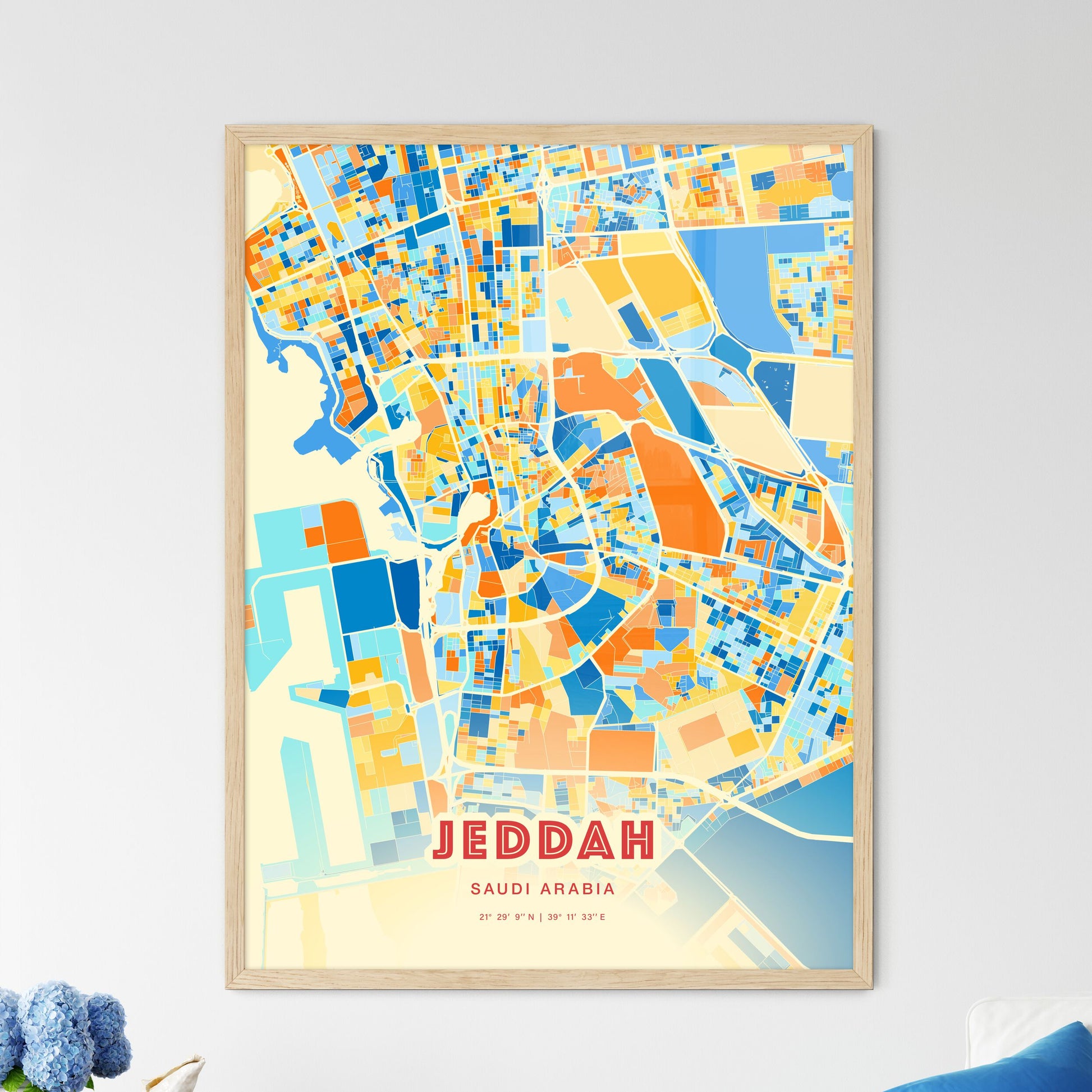 Colorful Jeddah Saudi Arabia Fine Art Map Blue Orange