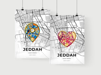 JEDDAH SAUDI ARABIA minimal art map with a colorful icon. Where it all began, Couple map gift.