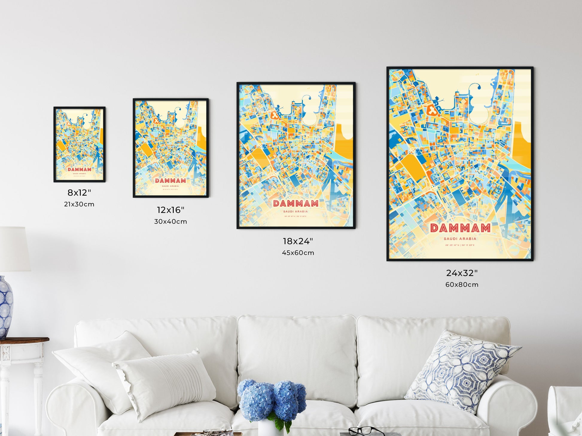 Colorful DAMMAM SAUDI ARABIA Fine Art Map Blue Orange