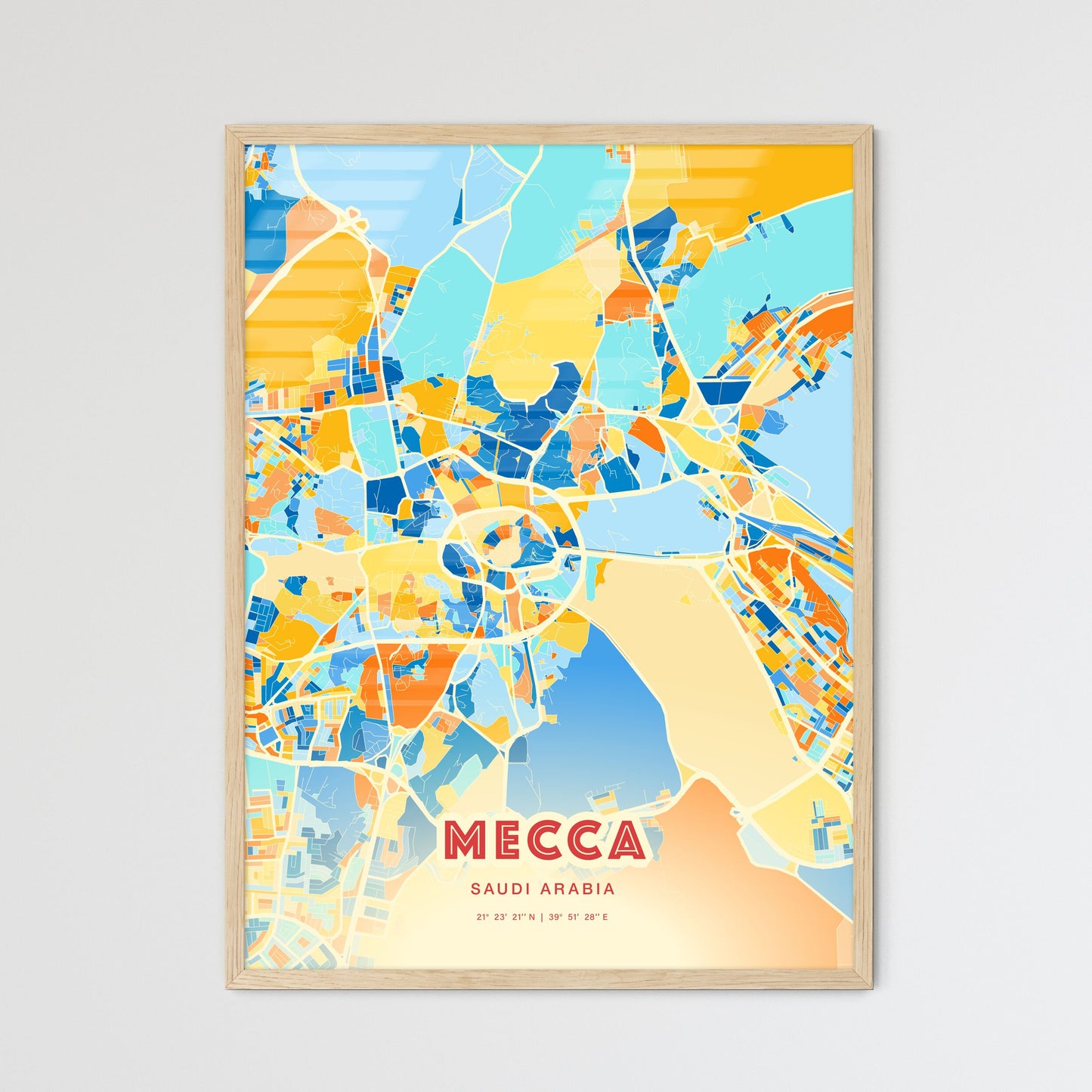 Colorful MECCA SAUDI ARABIA Fine Art Map Blue Orange