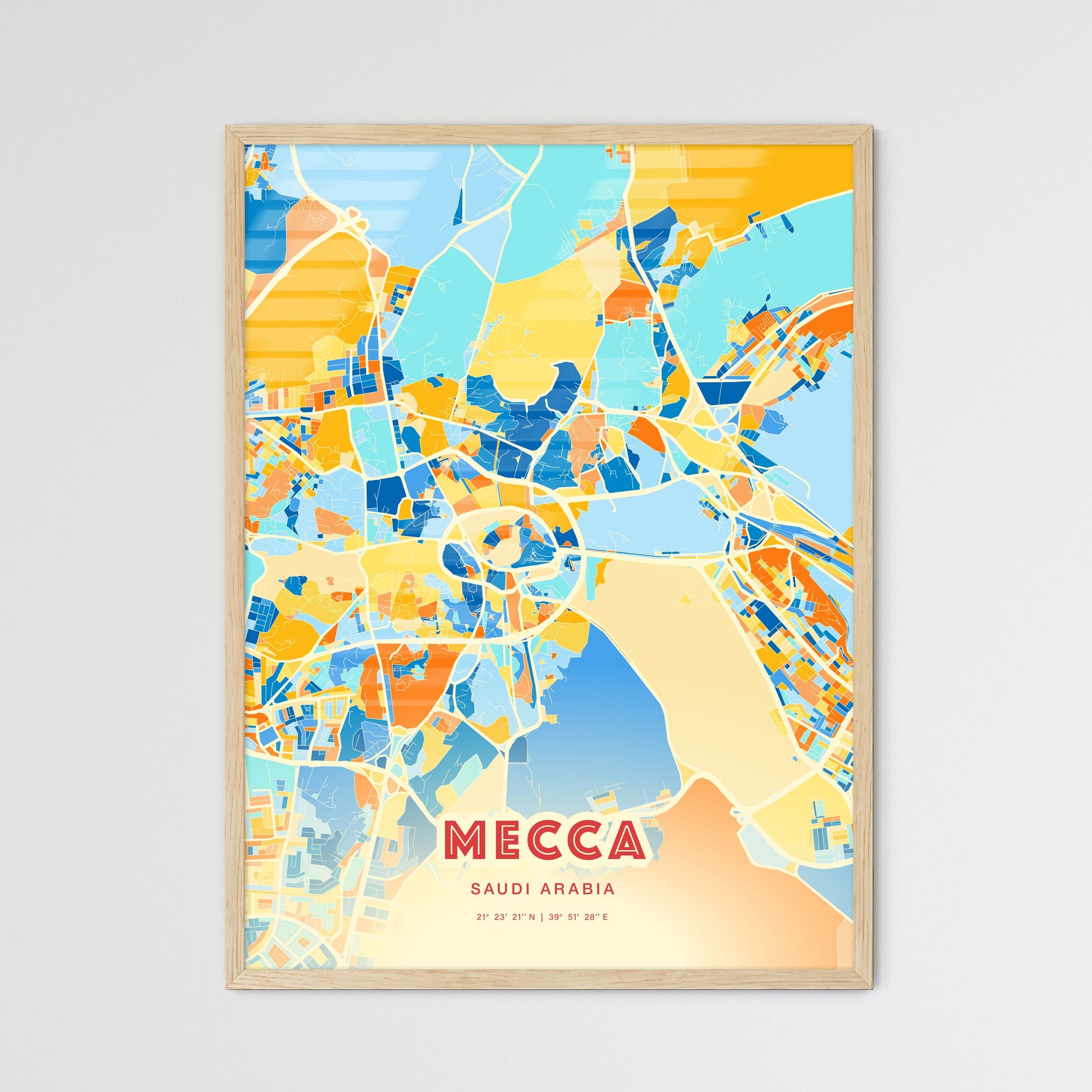 Colorful MECCA SAUDI ARABIA Fine Art Map Blue Orange