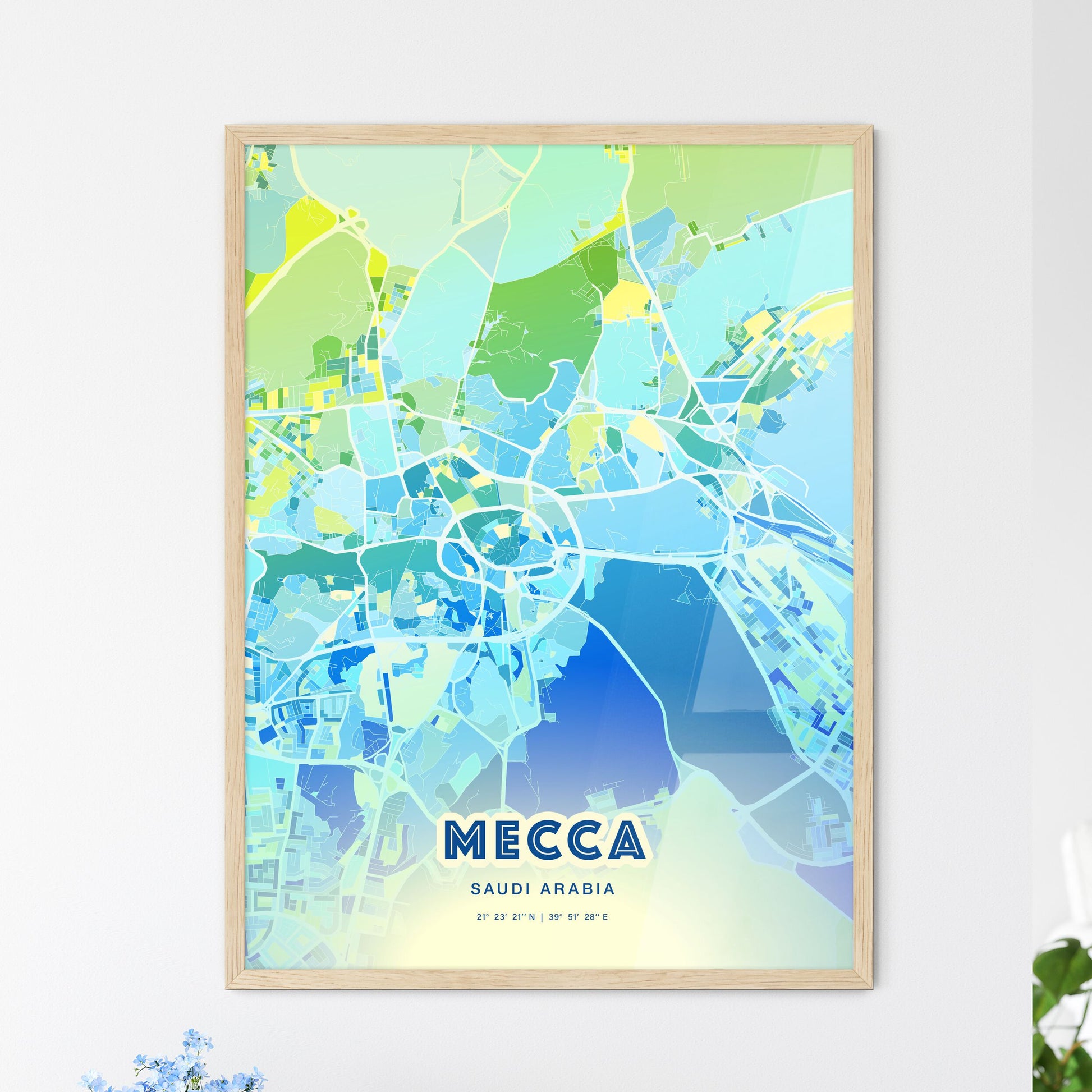 Colorful MECCA SAUDI ARABIA Fine Art Map Cool Blue