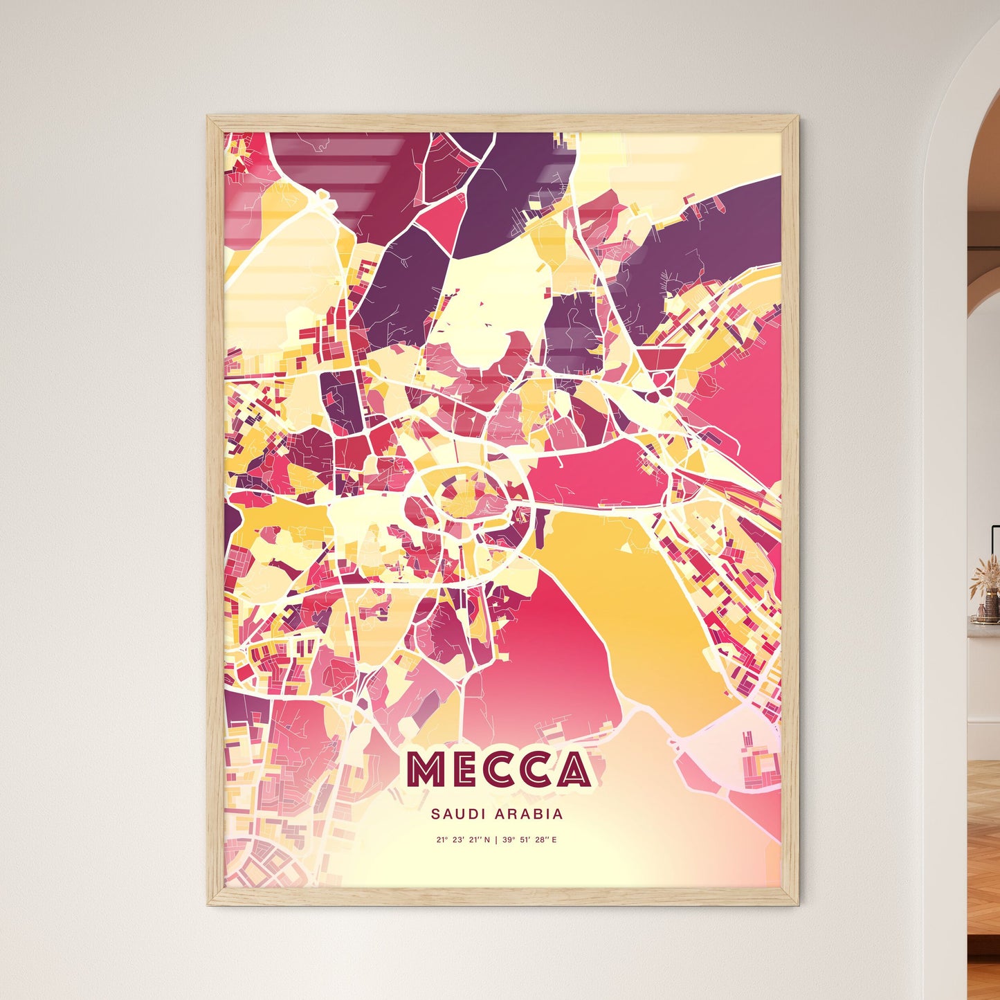 Colorful MECCA SAUDI ARABIA Fine Art Map Hot Red