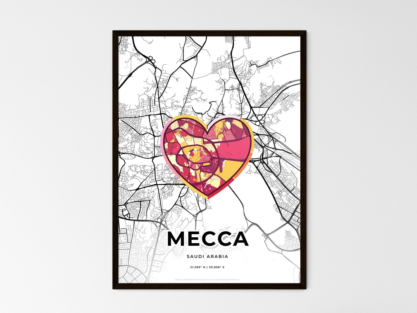 Mecca Saudi Arabia wedding art map with heart icon