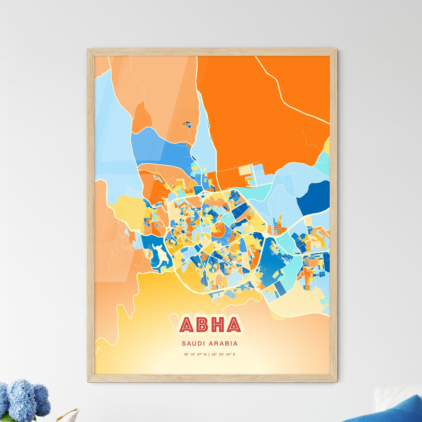 Colorful ABHA SAUDI ARABIA Fine Art Map Blue Orange