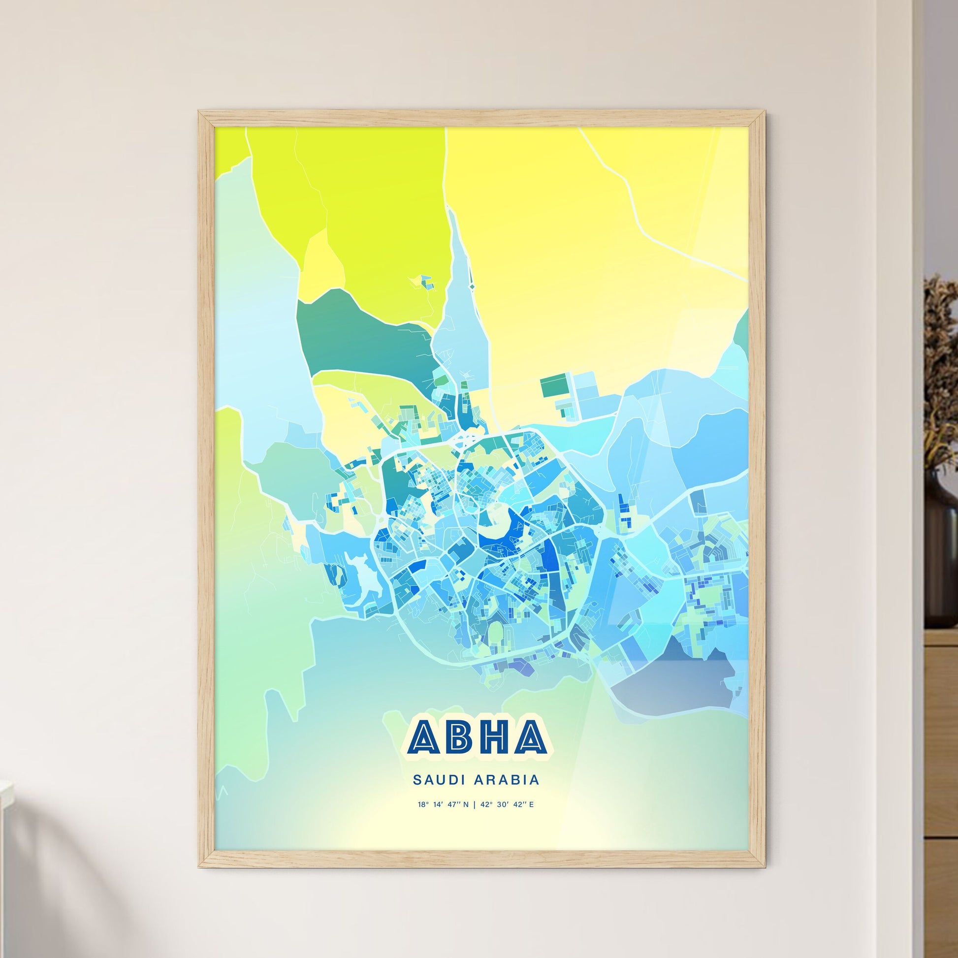 Colorful ABHA SAUDI ARABIA Fine Art Map Cool Blue