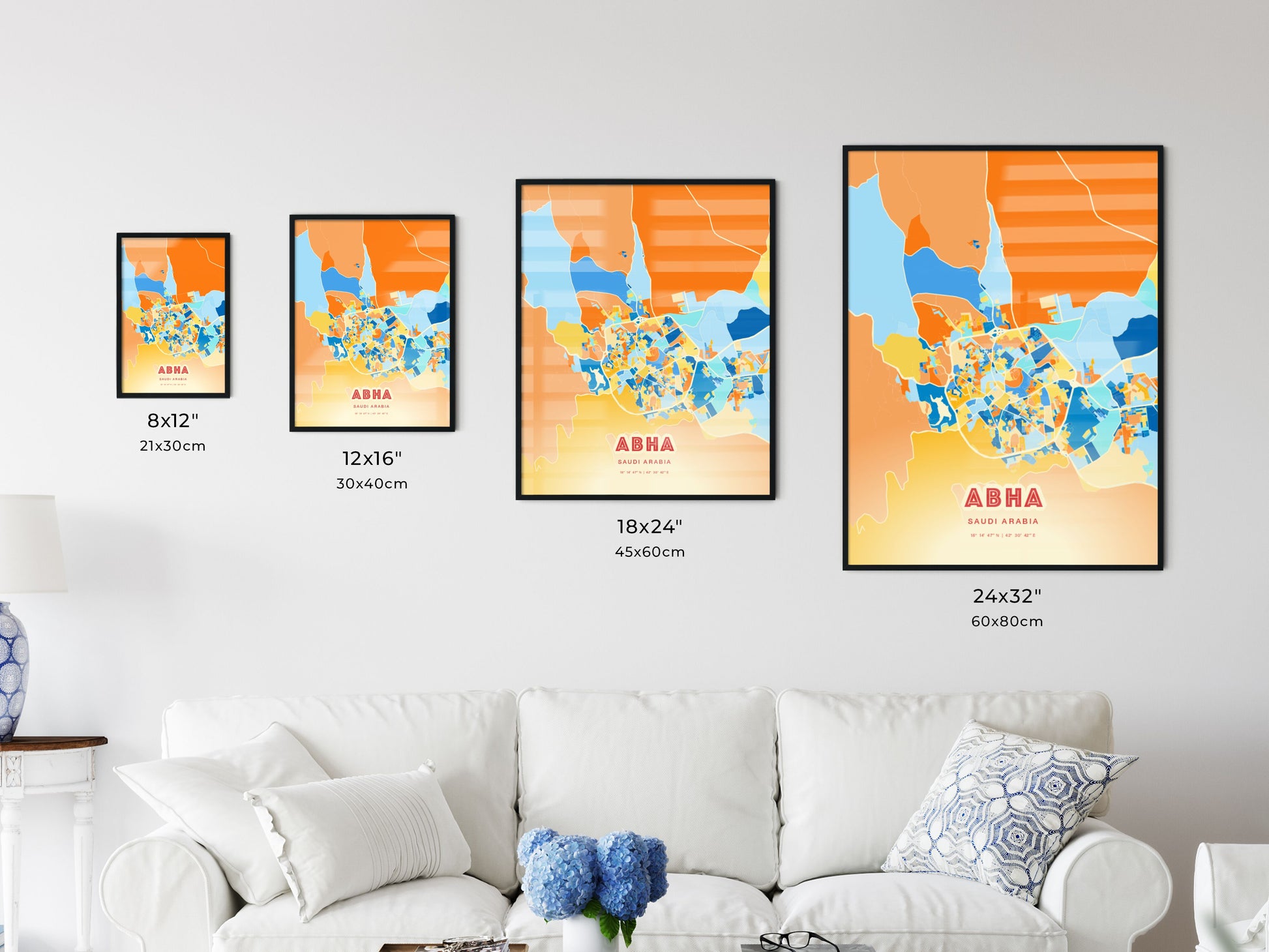 Colorful ABHA SAUDI ARABIA Fine Art Map Blue Orange