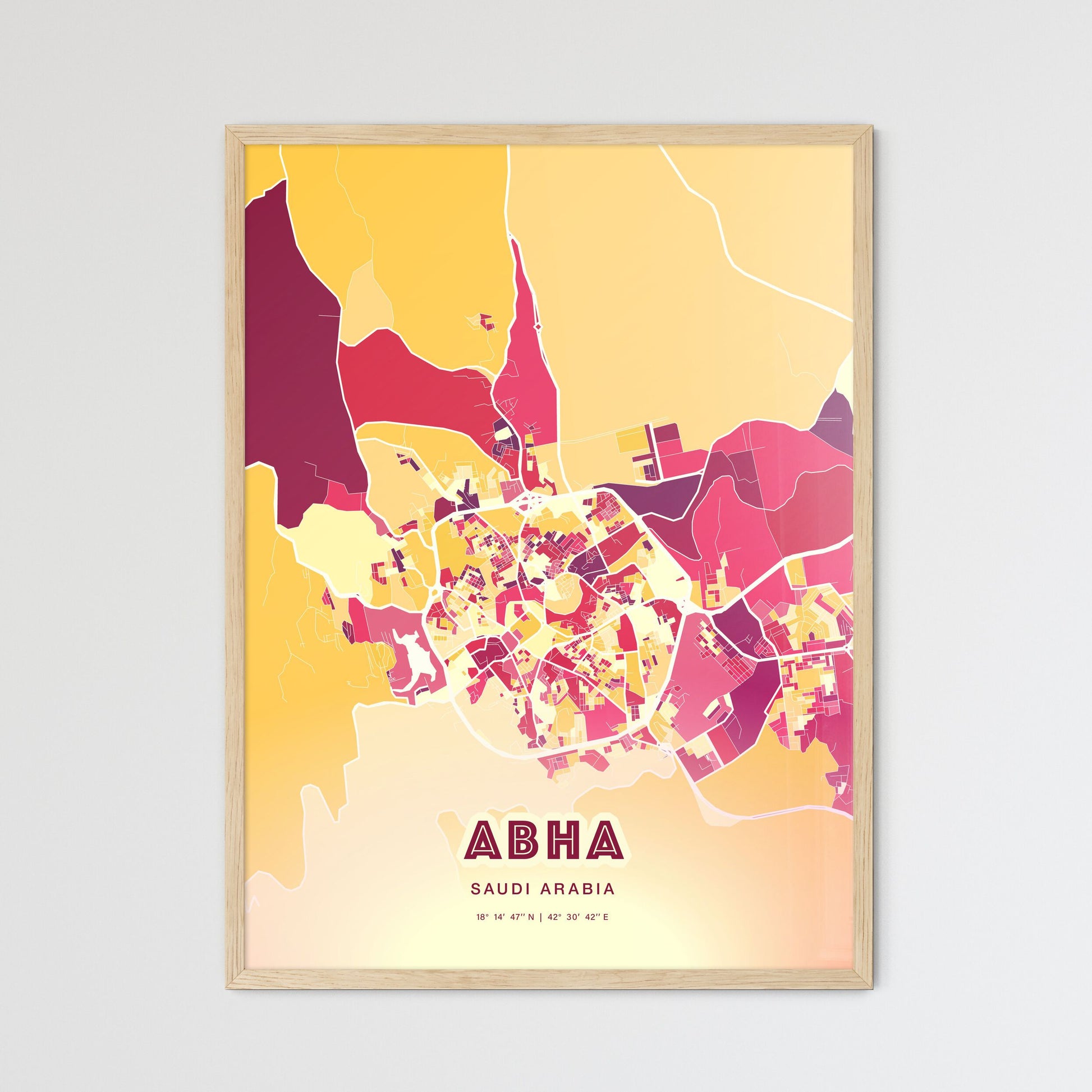 Colorful ABHA SAUDI ARABIA Fine Art Map Hot Red