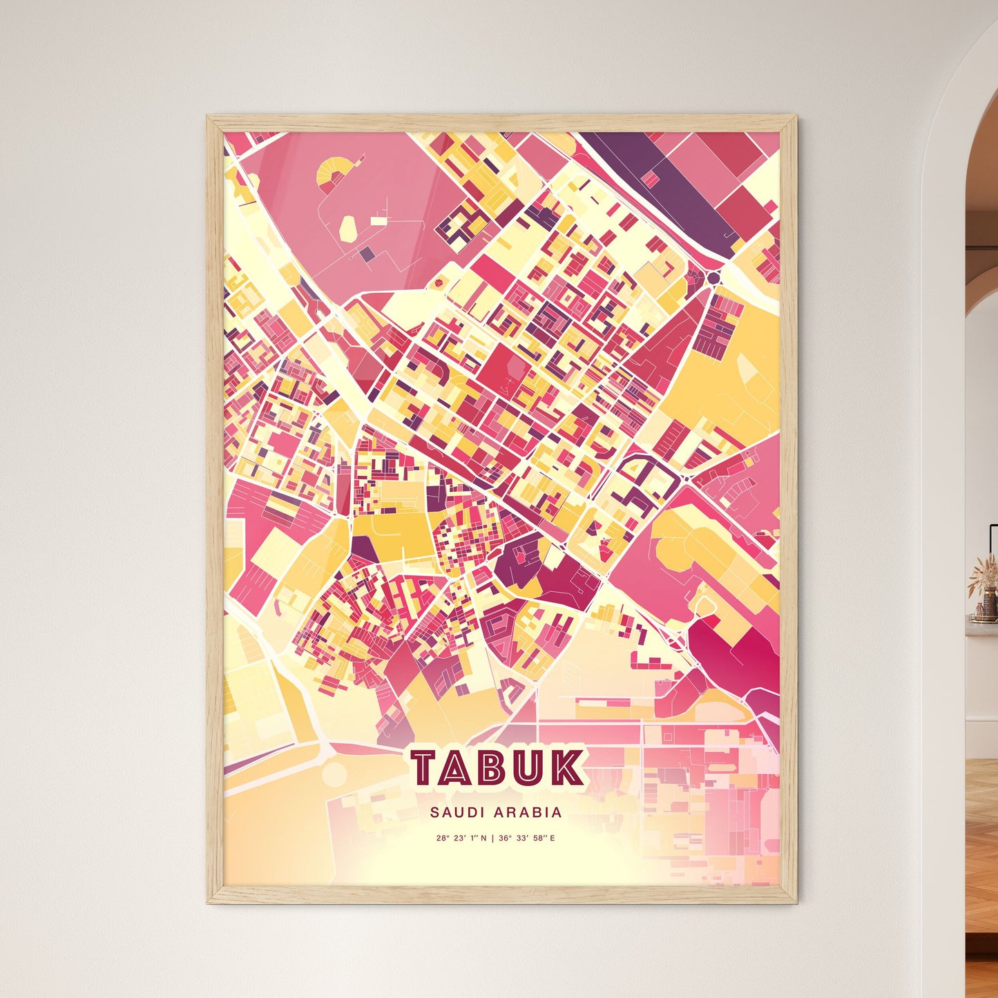 Colorful TABUK SAUDI ARABIA Fine Art Map Hot Red