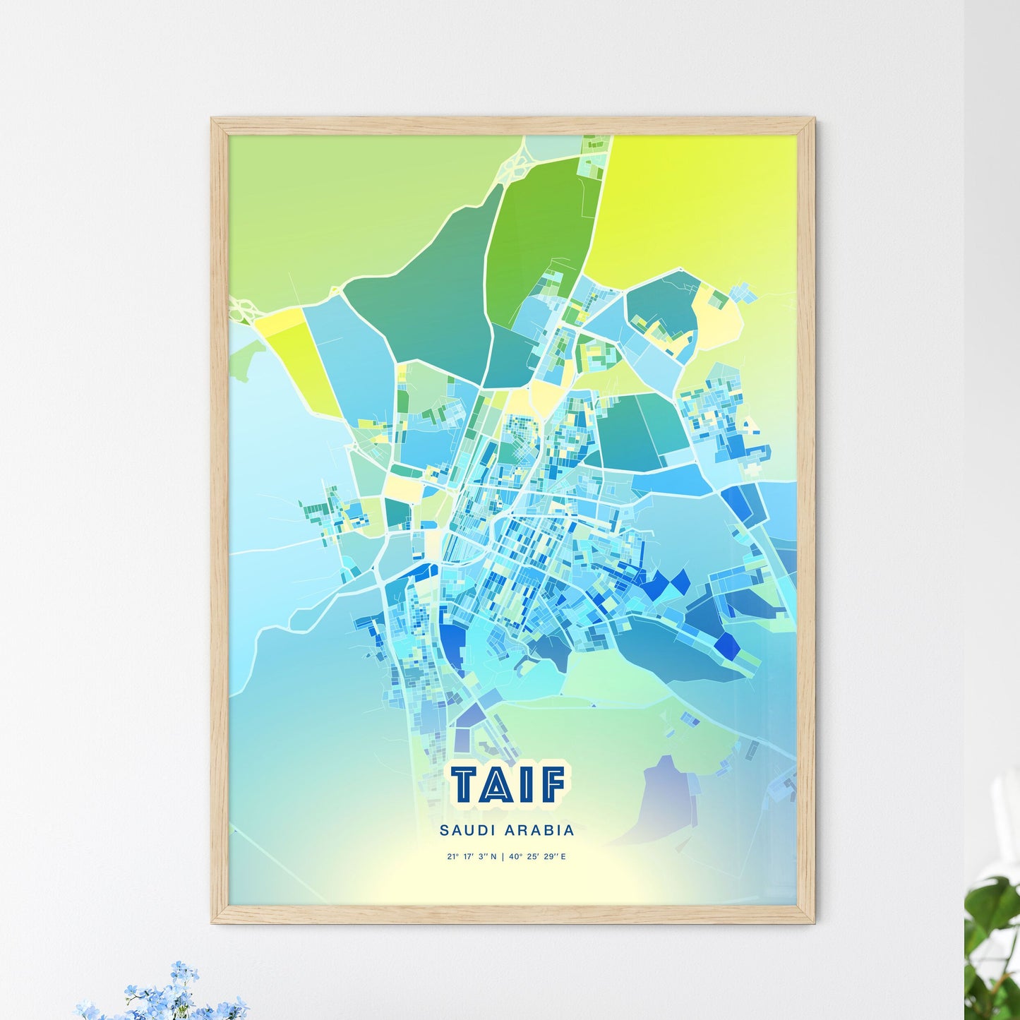 Colorful TAIF SAUDI ARABIA Fine Art Map Cool Blue