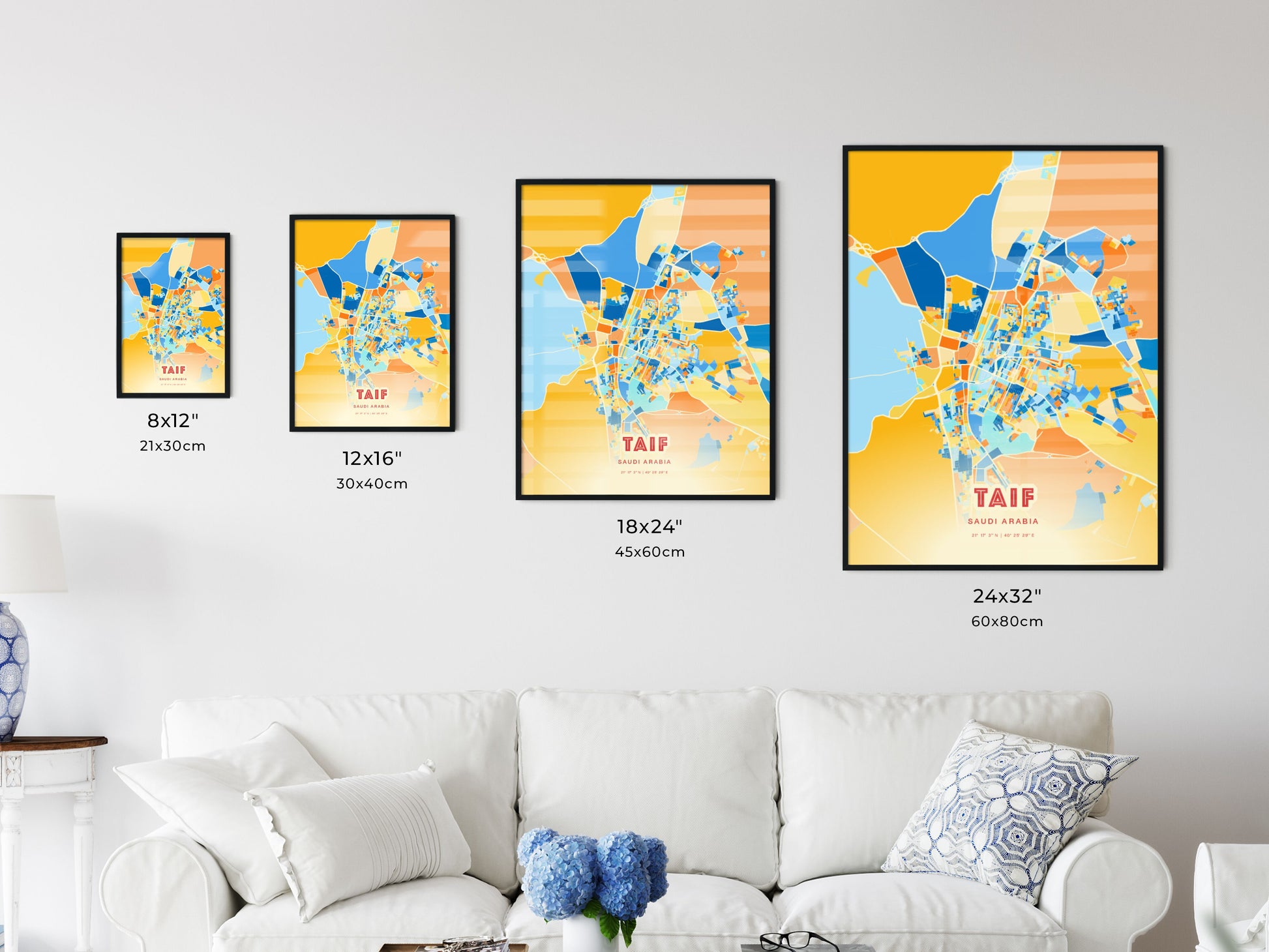 Colorful TAIF SAUDI ARABIA Fine Art Map Blue Orange