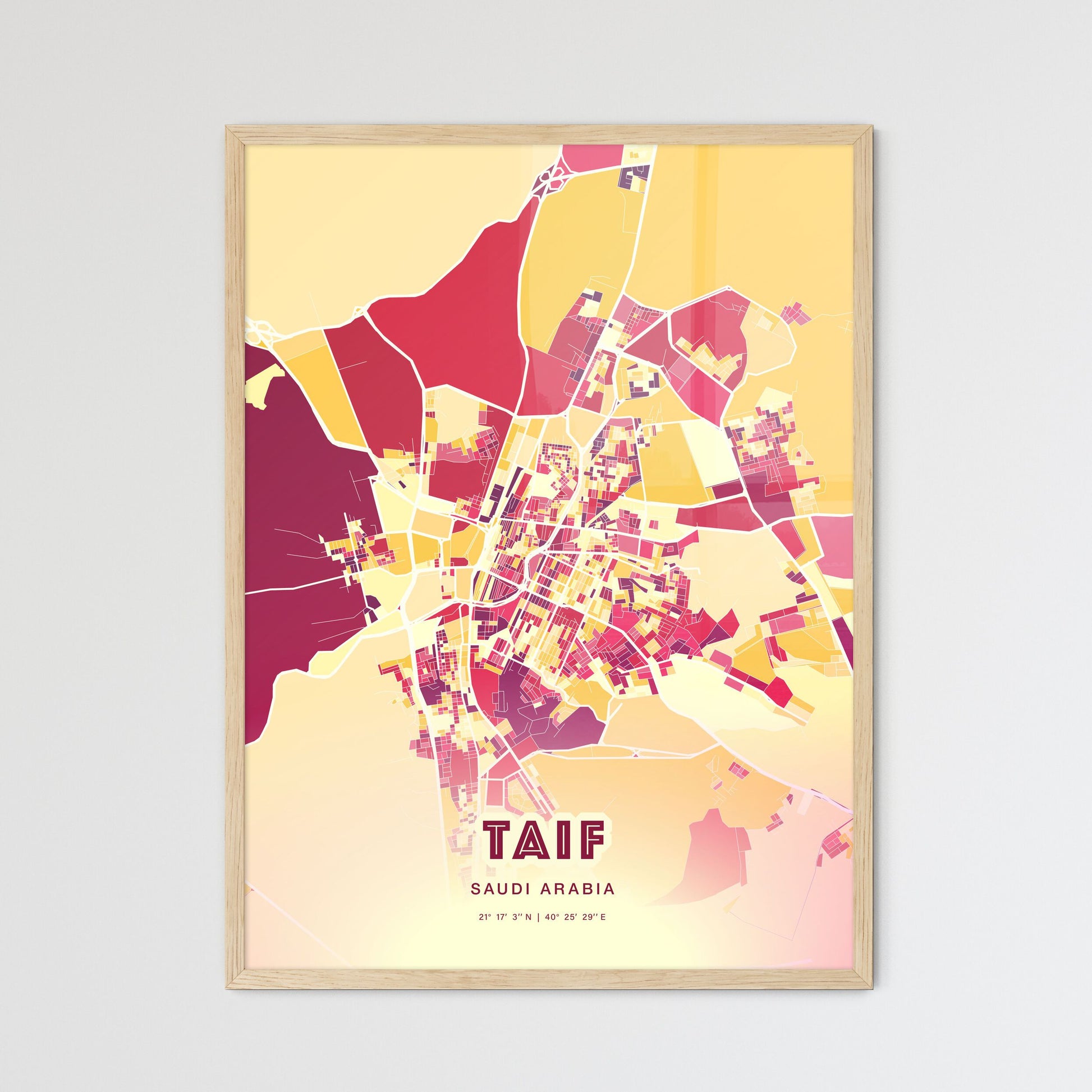 Colorful TAIF SAUDI ARABIA Fine Art Map Hot Red