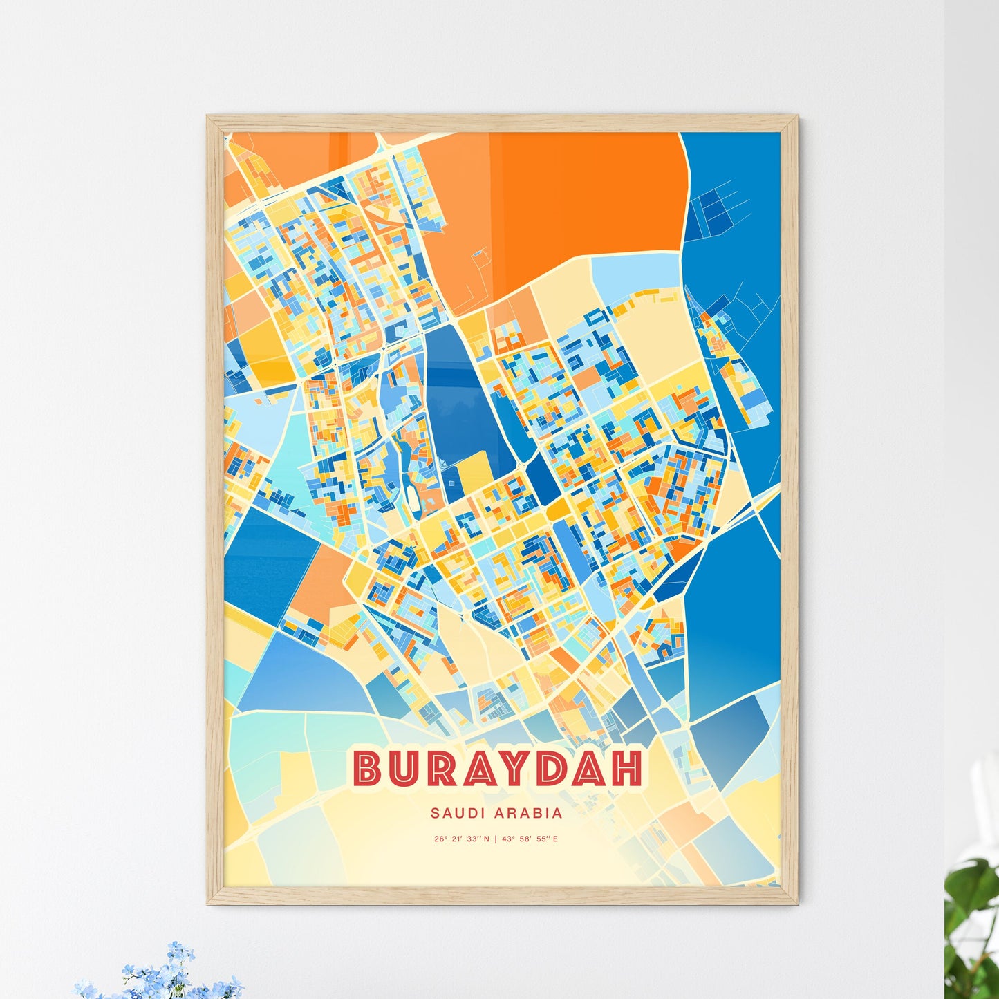 Colorful BURAYDAH SAUDI ARABIA Fine Art Map Blue Orange