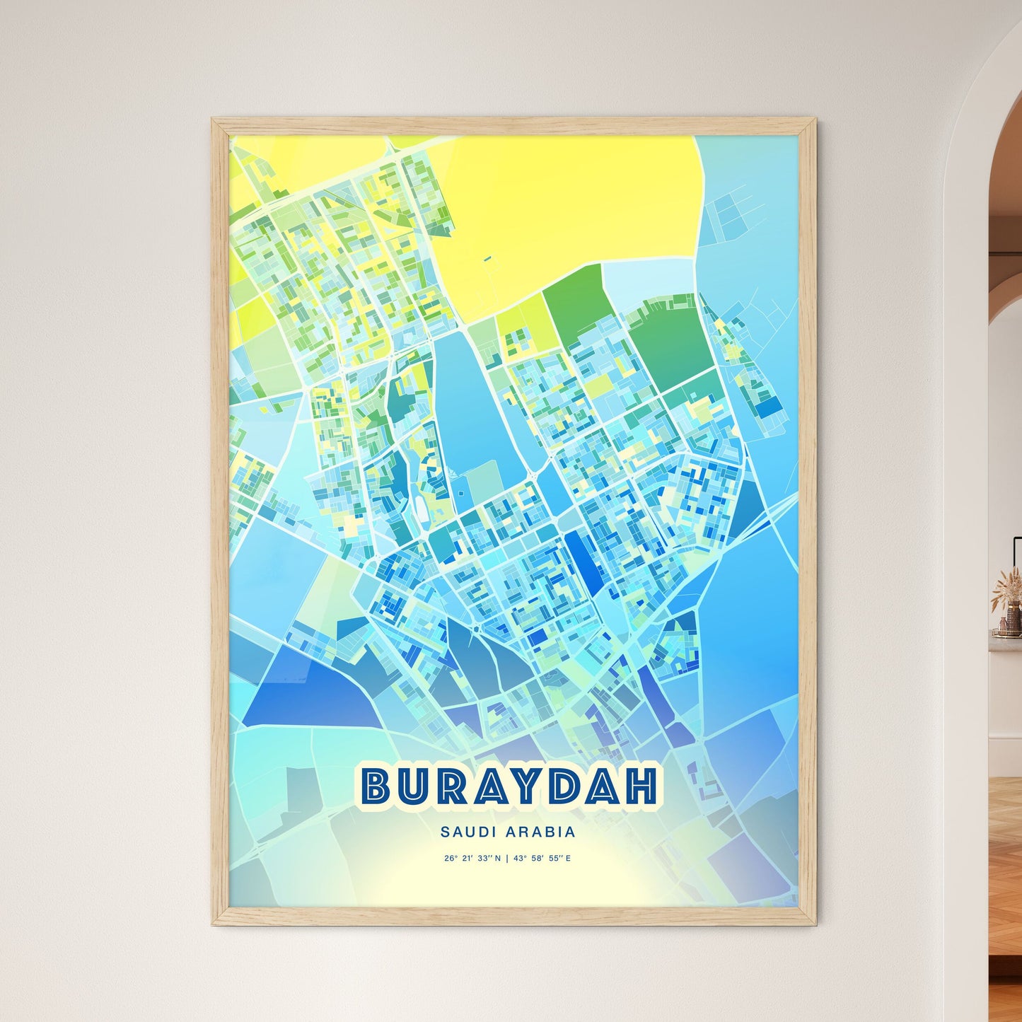 Colorful BURAYDAH SAUDI ARABIA Fine Art Map Cool Blue