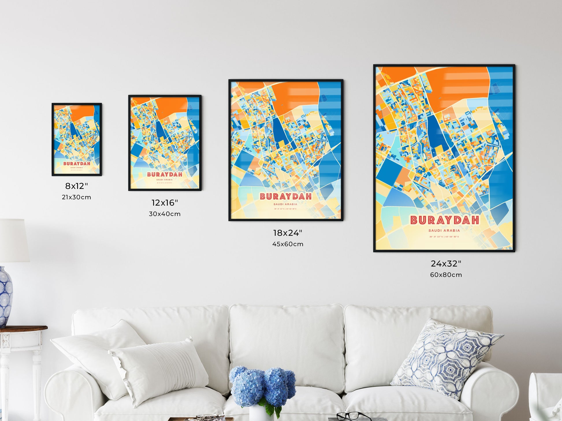 Colorful BURAYDAH SAUDI ARABIA Fine Art Map Blue Orange