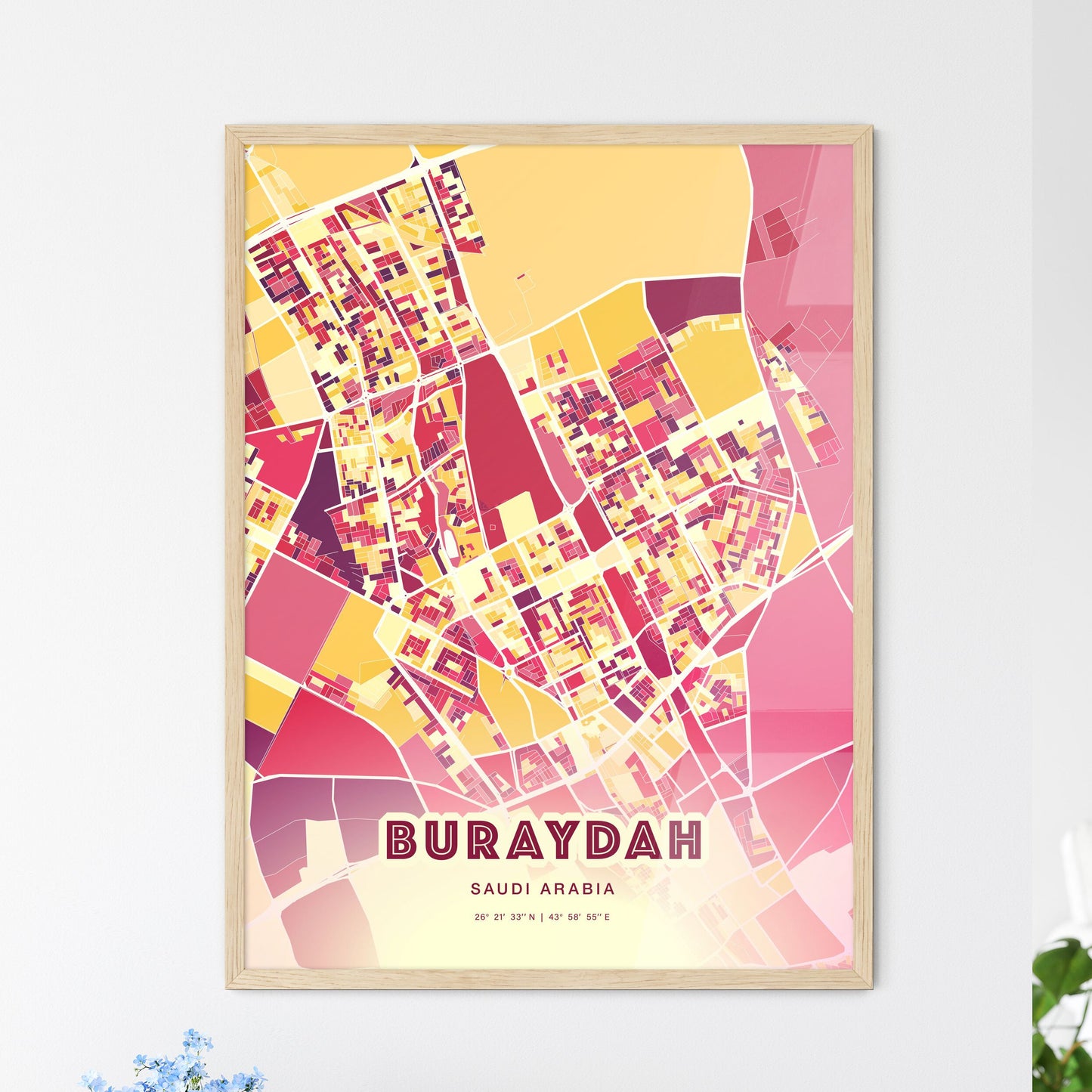 Colorful BURAYDAH SAUDI ARABIA Fine Art Map Hot Red