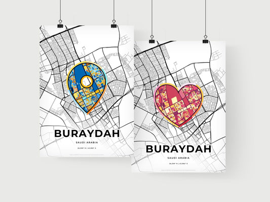 BURAYDAH SAUDI ARABIA minimal art map with a colorful icon. Where it all began, Couple map gift.