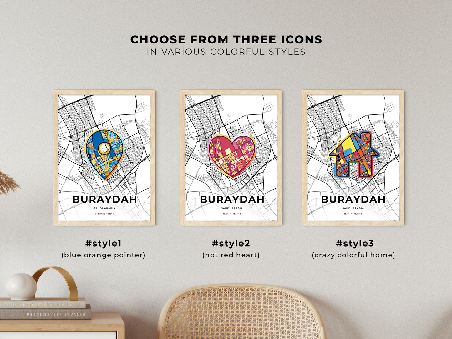BURAYDAH SAUDI ARABIA minimal art map with a colorful icon. Where it all began, Couple map gift.