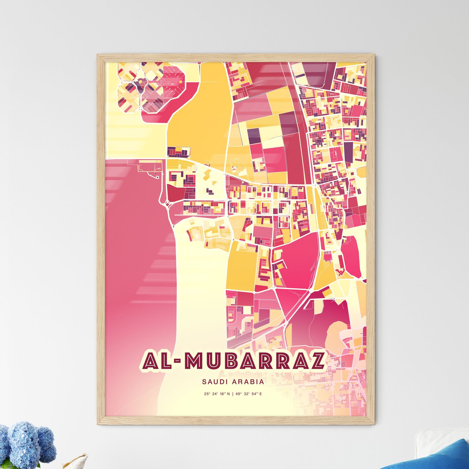 Colorful AL-MUBARRAZ SAUDI ARABIA Fine Art Map Hot Red