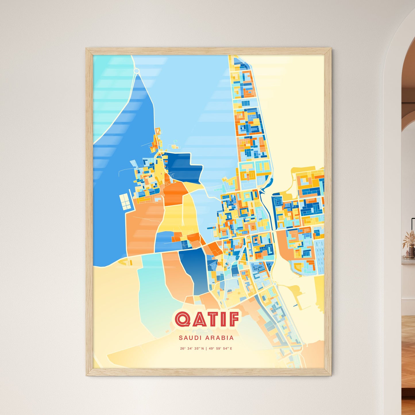 Colorful Qatif Saudi Arabia Fine Art Map Blue Orange