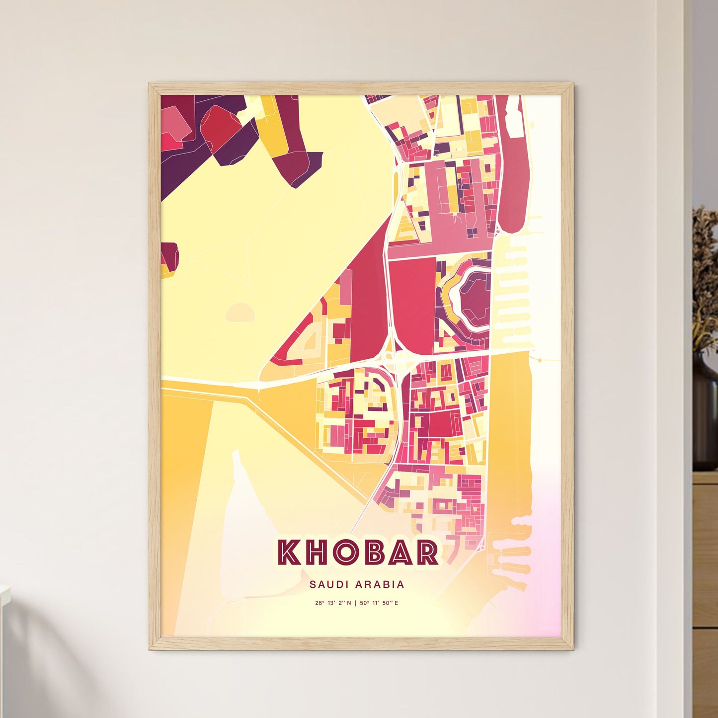 Colorful KHOBAR SAUDI ARABIA Fine Art Map Hot Red