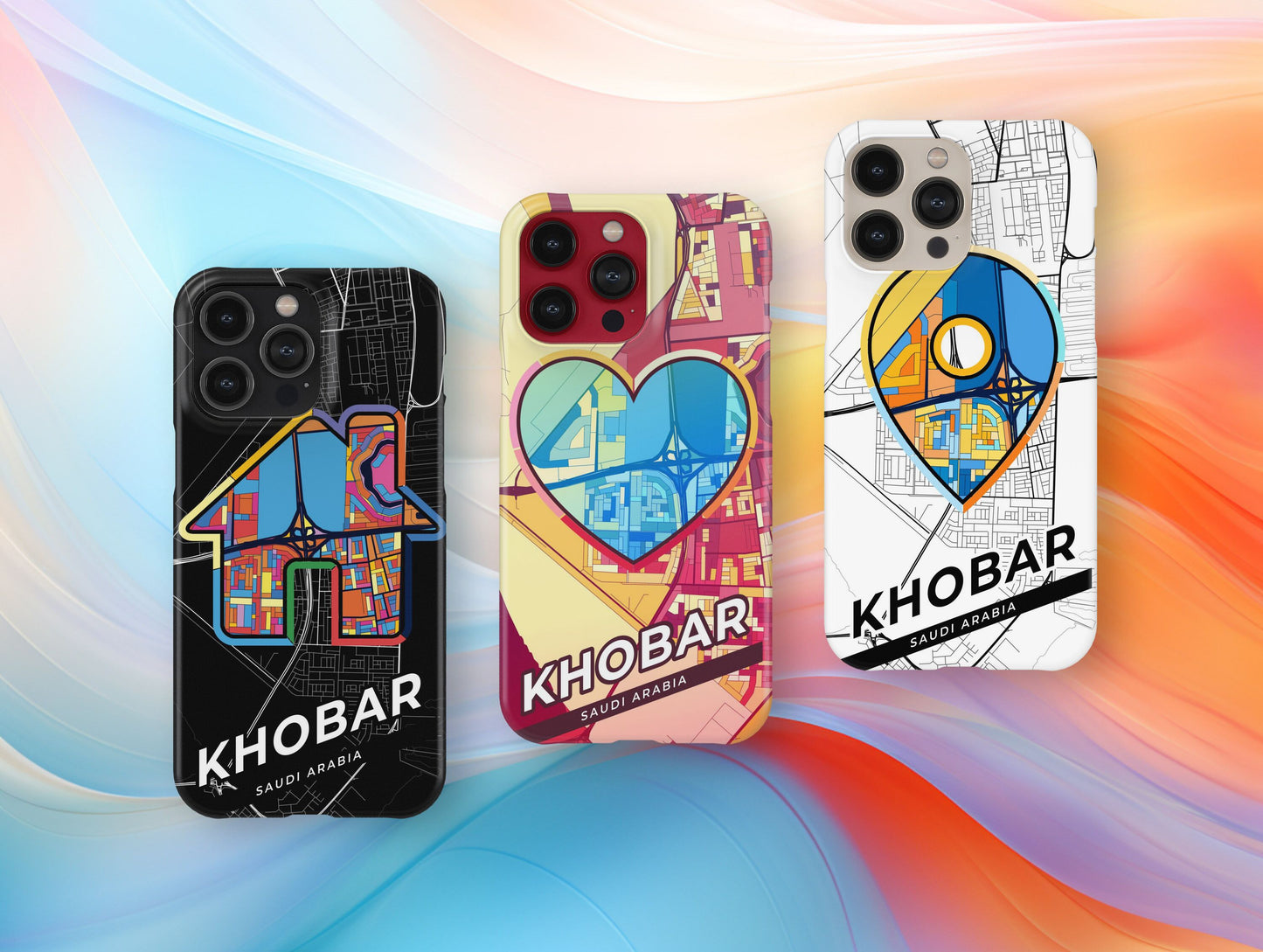Khobar Saudi Arabia slim phone case with colorful icon. Birthday, wedding or housewarming gift. Couple match cases.