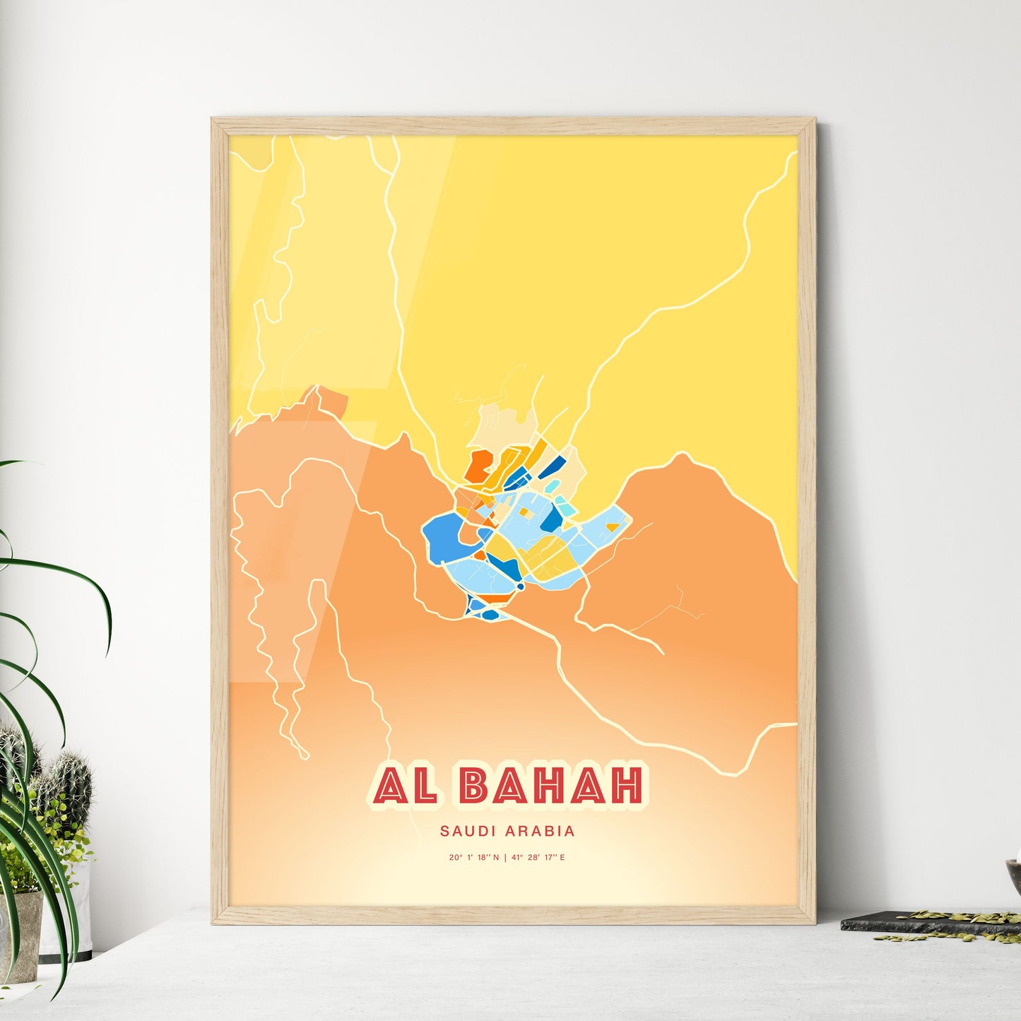 Colorful AL BAHAH SAUDI ARABIA Fine Art Map Blue Orange