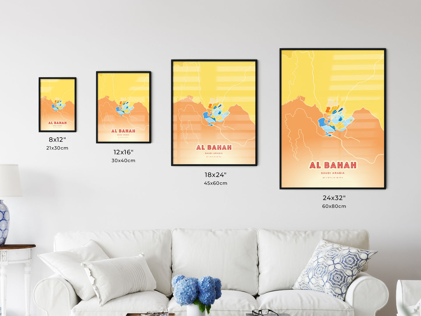 Colorful AL BAHAH SAUDI ARABIA Fine Art Map Blue Orange