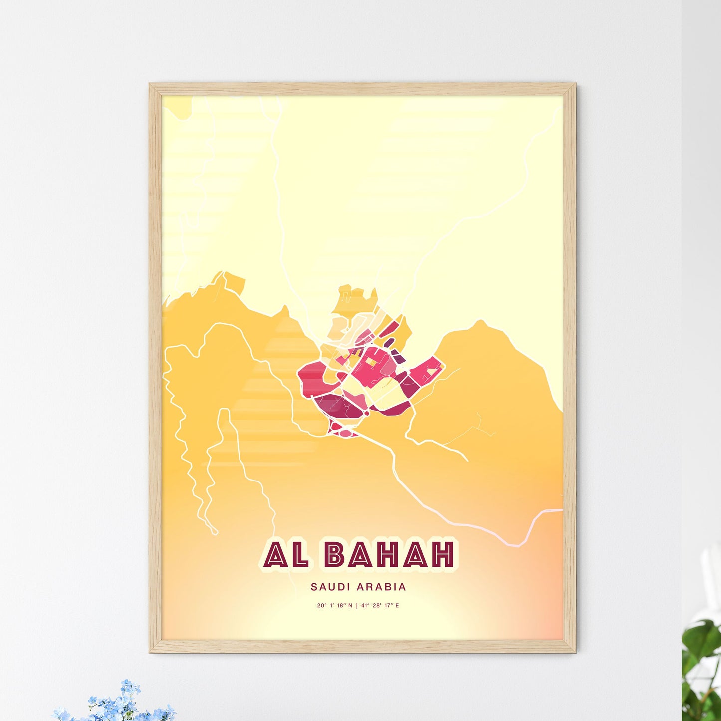 Colorful AL BAHAH SAUDI ARABIA Fine Art Map Hot Red