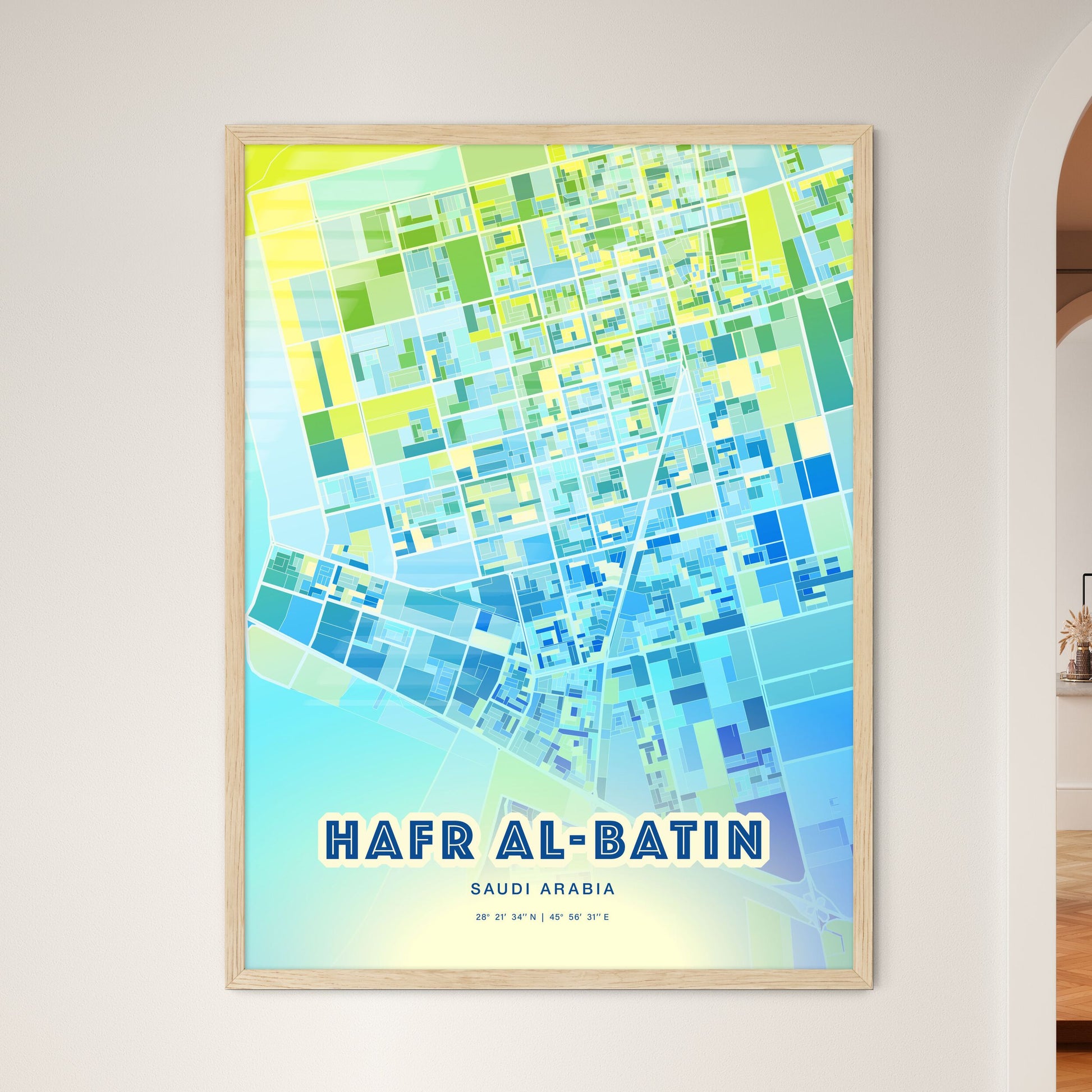 Colorful HAFR AL-BATIN SAUDI ARABIA Fine Art Map Cool Blue