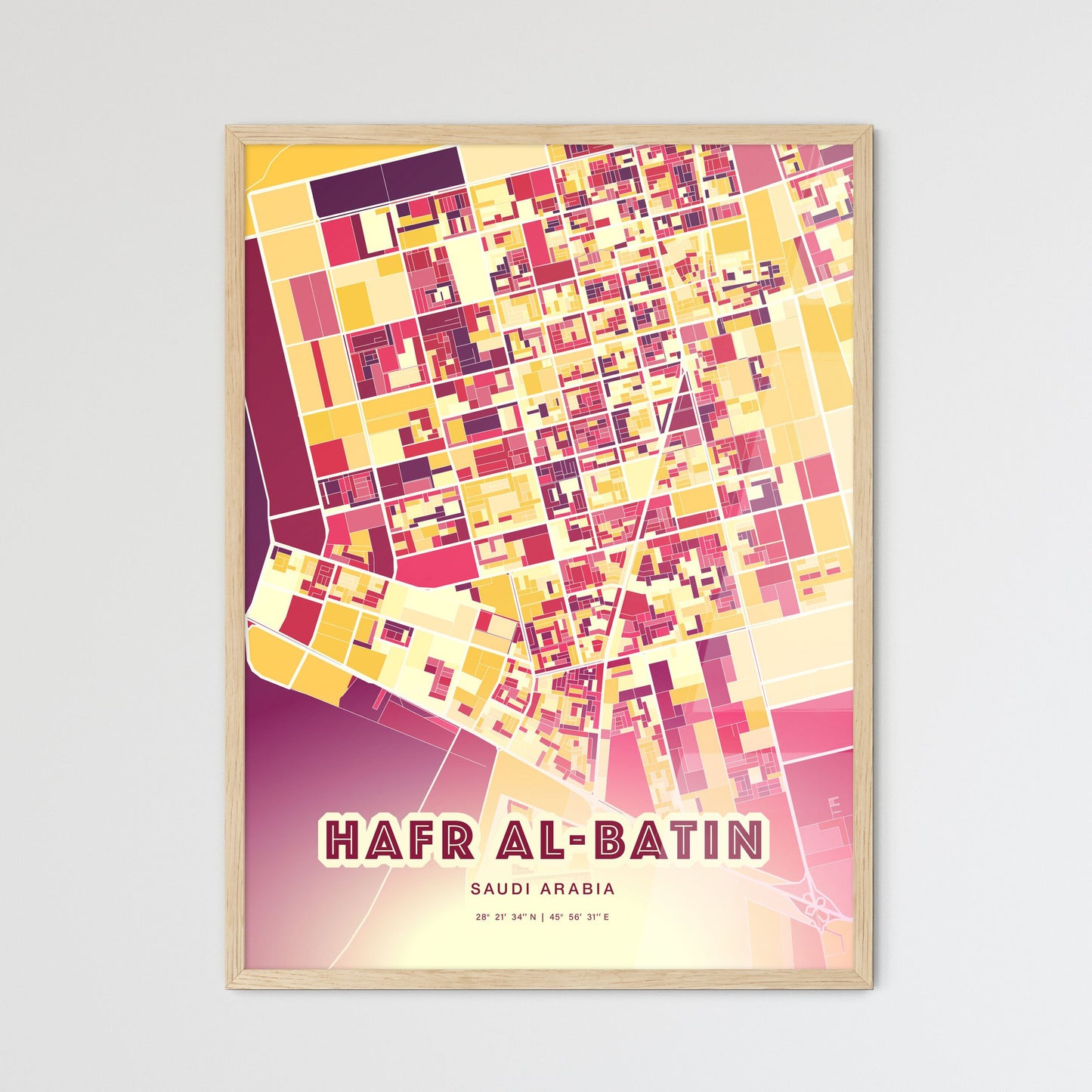 Colorful HAFR AL-BATIN SAUDI ARABIA Fine Art Map Hot Red